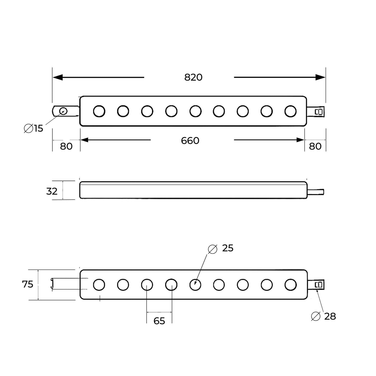 Barra portaaperos reforzada Categoría 2 de 820 mm con 9 agujeros. Ideal para tractores de media potencia y estándar.