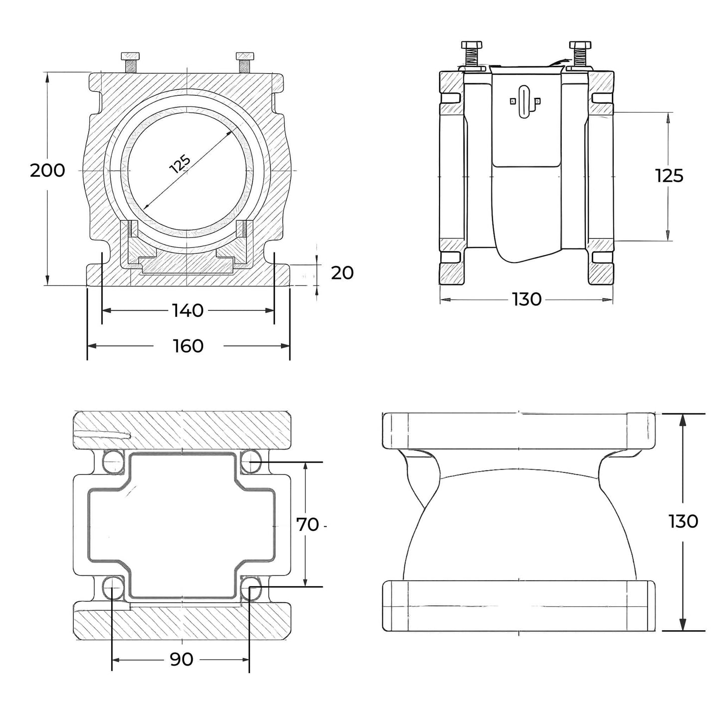 Base o cuerpo inferior Hertell Lau (modelo macho) para tajadera de cisterna, apta para tubos de 125 mm (5 pulgadas).