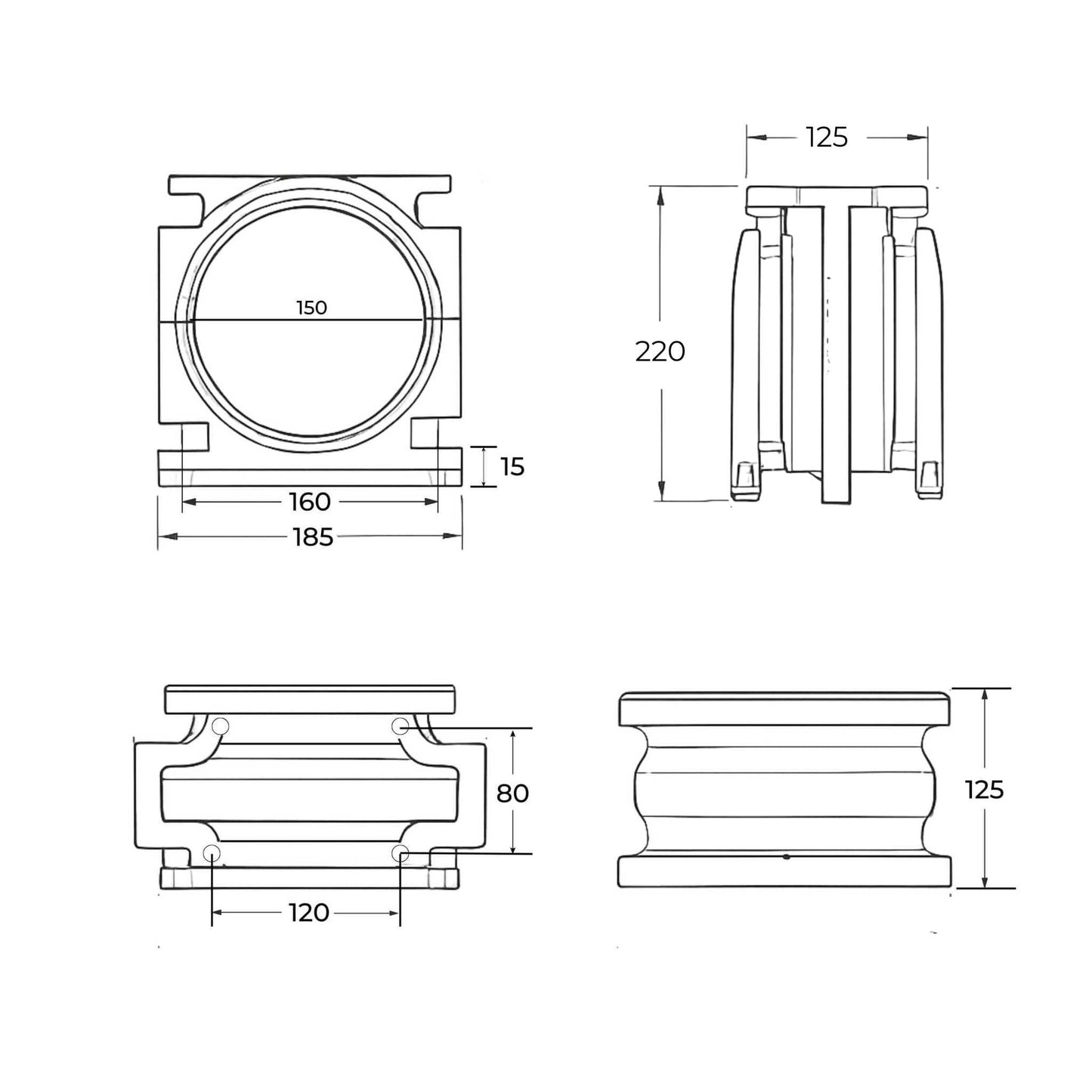 Base o cuerpo inferior Hertell Lau (modelo macho) para tajadera de cisterna, apta para tubos de 150 mm (6 pulgadas).