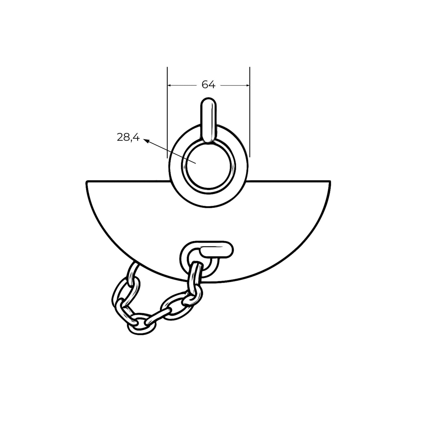 Bola de enganche rápido con oreja y guía para Categoría 3. Diámetro interior 28,4 mm y exterior 64 mm.