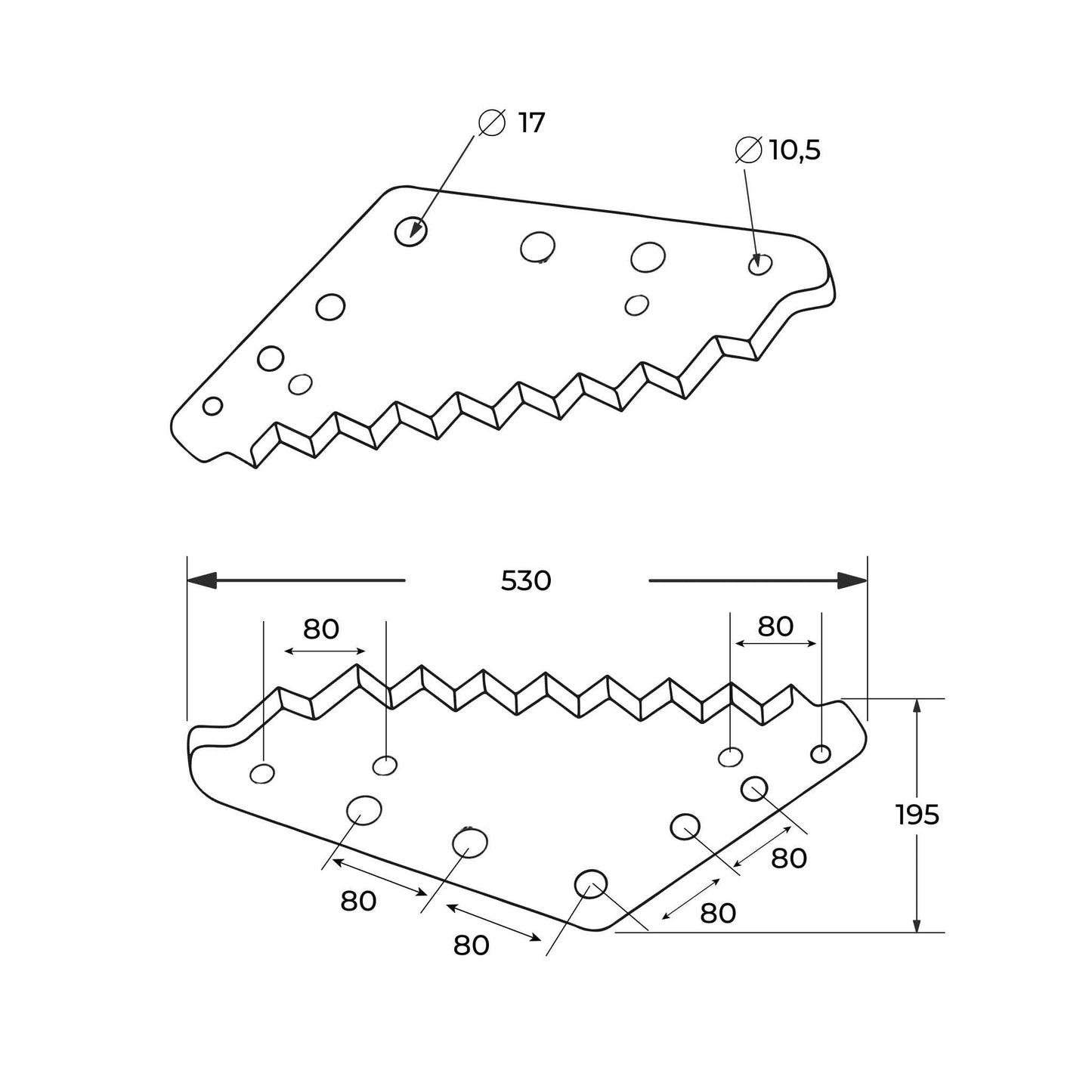 Cuchilla de repuesto para carros mezcladores Lucas G (adaptable), reforzada con tungsteno para mayor durabilidad. Grosor 6 mm, distancia entre agujeros 80 mm y longitud 530 mm. Ideal para el corte y mezclado de forraje.