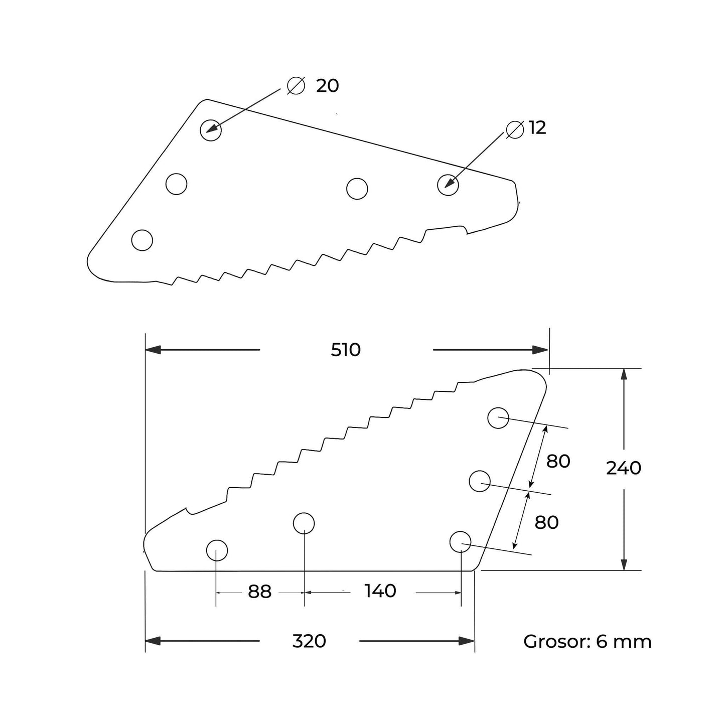 Cuchilla de repuesto para carro mezclador Tatoma con revestimiento de metal duro (tungsteno). Compatible también con modelos de AGM, AVM, Eurocomp y Faresin. Grosor 6 mm, distancia entre agujeros 80 mm y longitud 510 mm. Ideal para el corte y mezclado de forraje.