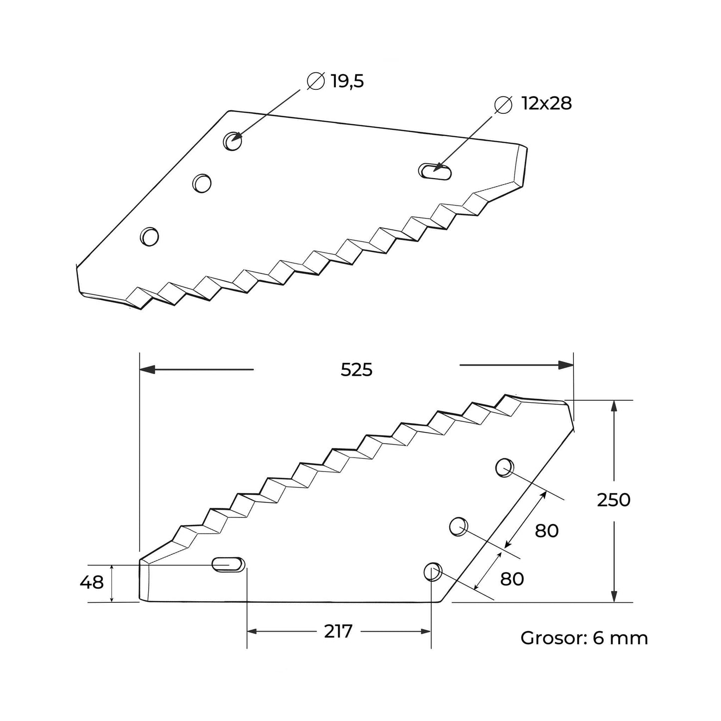 Cuchilla de repuesto universal grande para carro mezclador con revestimiento de metal duro (tungsteno). Compatible con Compar, Frasto, Logifeed, R.M.H., Luclar, Mutti, Storti, BvL, Walker, Peecon y Schuitemaker. Grosor 6 mm, distancia entre agujeros 80 mm y longitud 525 mm.