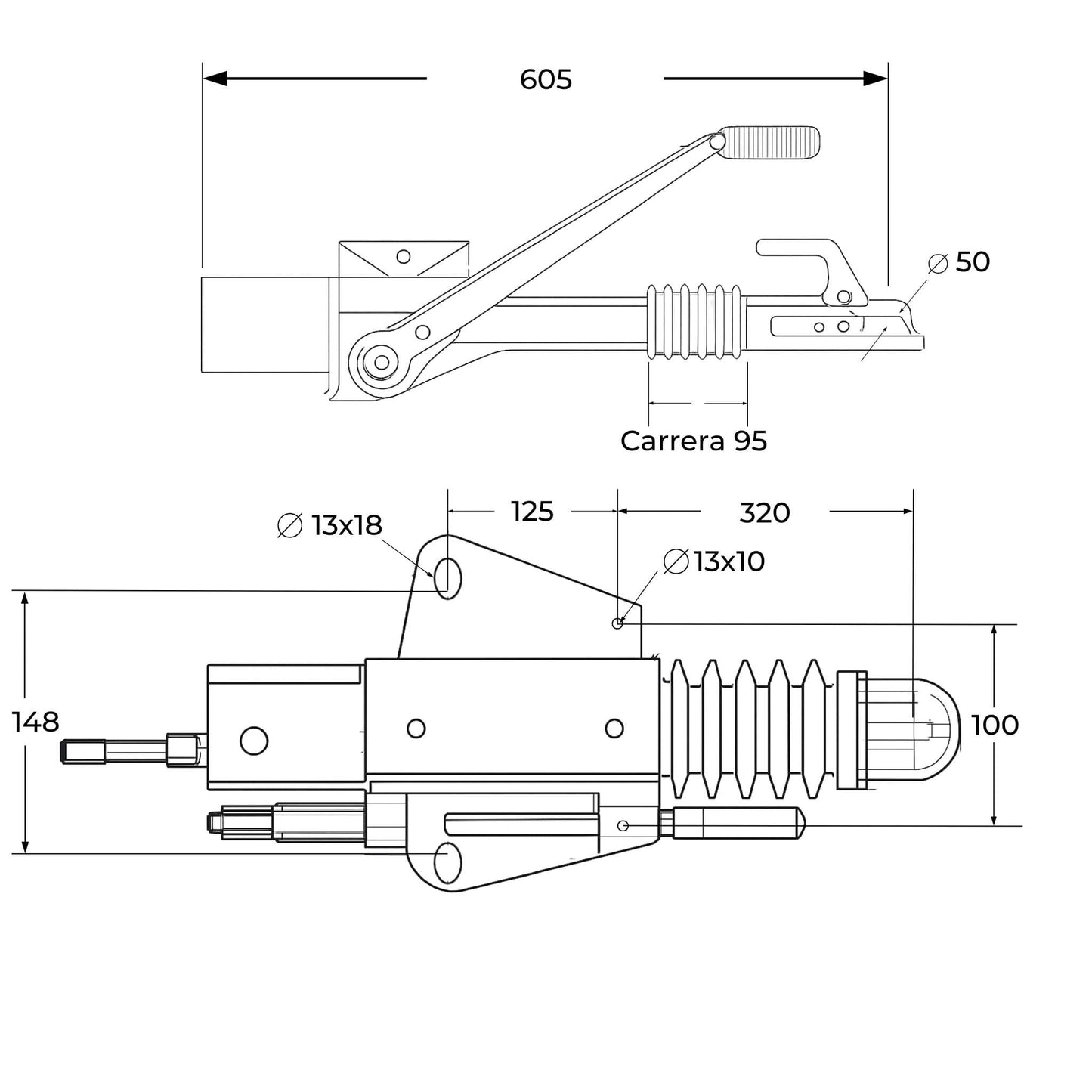 Enganche de inercia (gancho de remolque) en V para automóvil. Capacidad 1.500 kg. Homologado para remolque ligero.