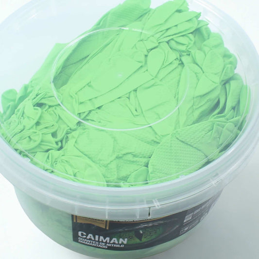 Cubo de 150 guantes de nitrilo diamantado de color verde marca Caiman. Guantes de alta visibilidad y gran resistencia para mecánicos y agricultores.