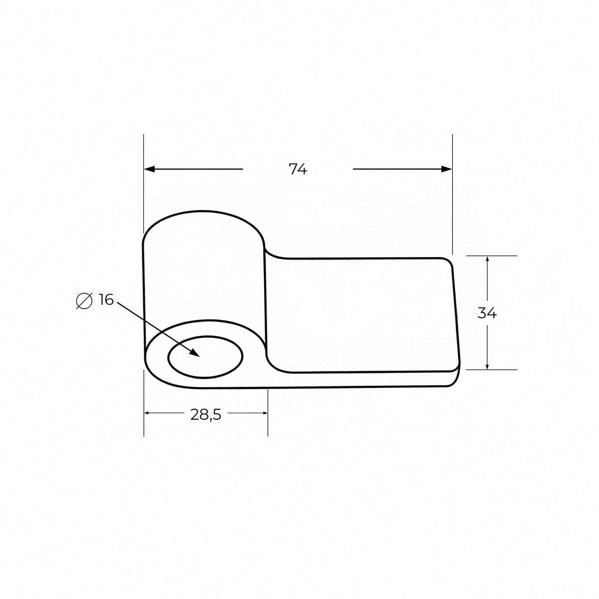 Hembra de bisagra forjada lisa con orificio de 16 mm y dimensiones 74 x 34 mm para soldar en remolque.