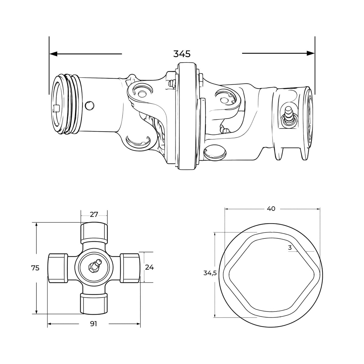 Nudo transmisión homocinético 1 3/8 Z6 para tubo interior de limón de 34,5 x 40 mm.