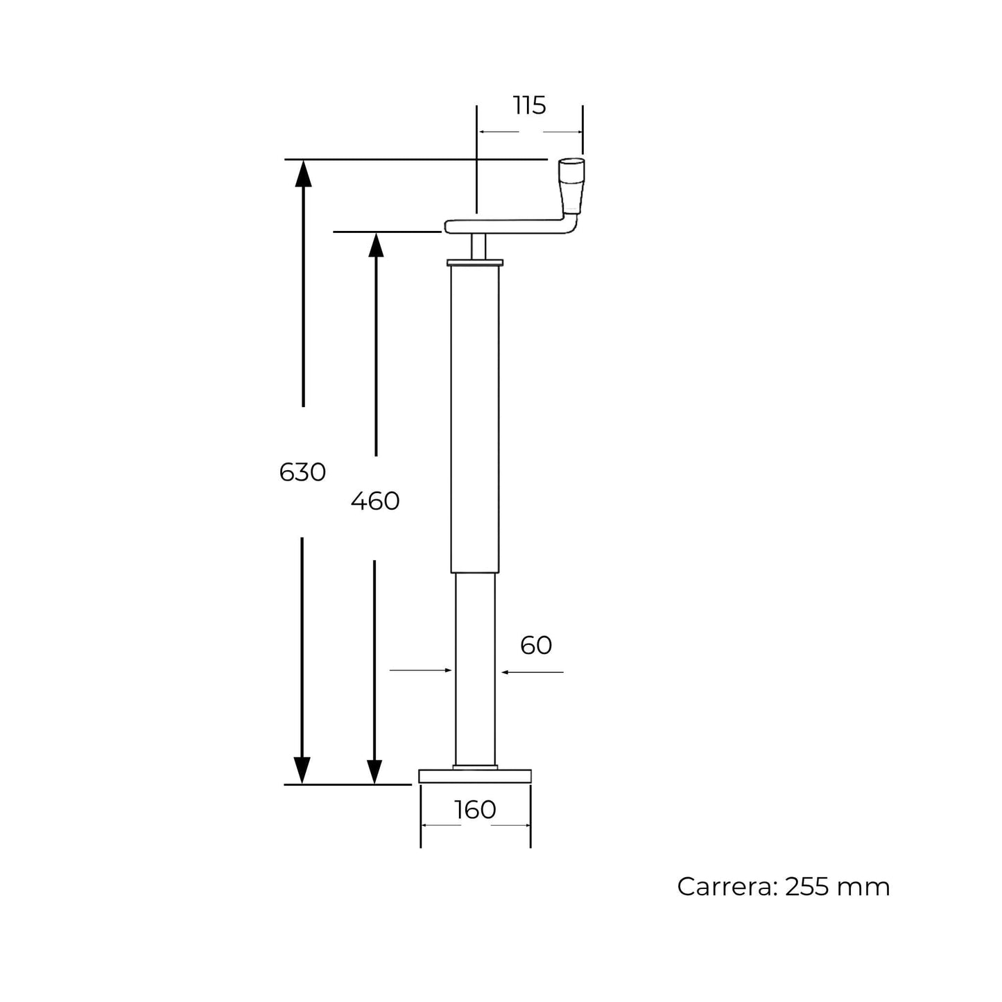 Pata de apoyo SIMOL con manivela superior para remolque agrícola, con un diámetro de 60 mm y una capacidad de carga máxima de 600 kg.