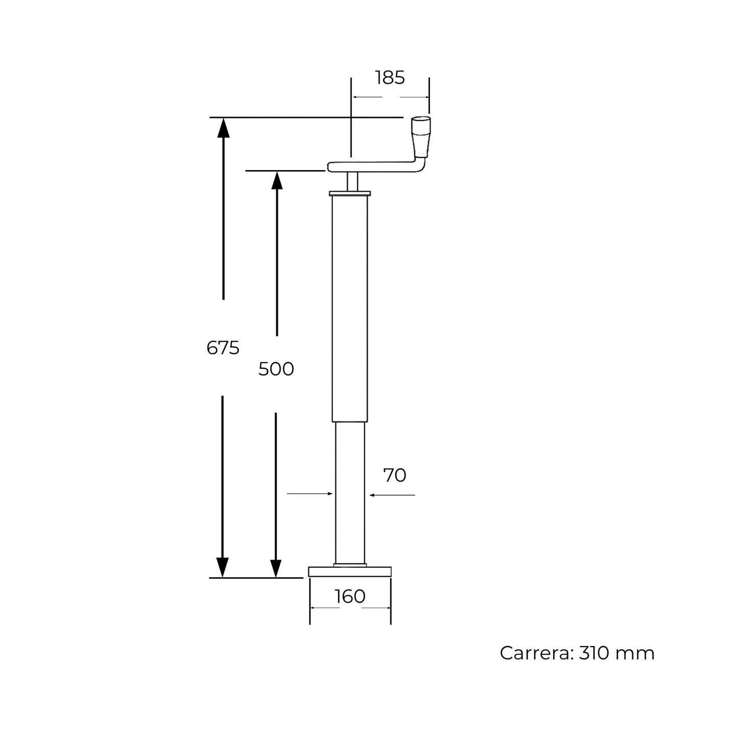 Pata de apoyo SIMOL con manivela superior para remolque agrícola, con un diámetro de 70 mm y una capacidad de carga máxima de 1.000 kg.