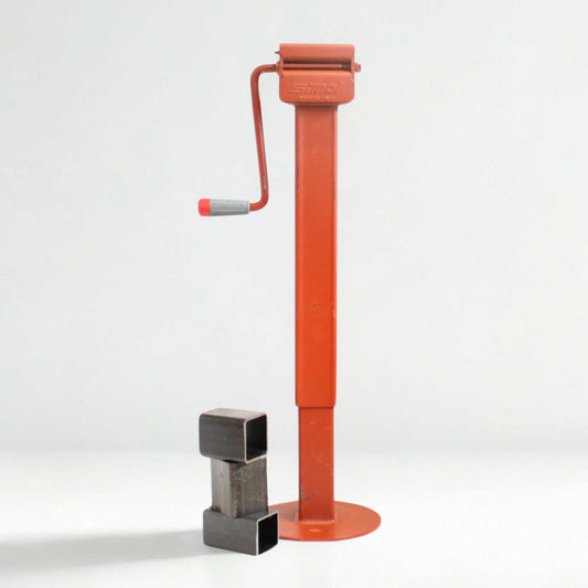 Pata de apoyo SIMOL con manivela lateral para remolque agrícola, con un diámetro de 70 mm y una capacidad de carga máxima de 3.000 kg.