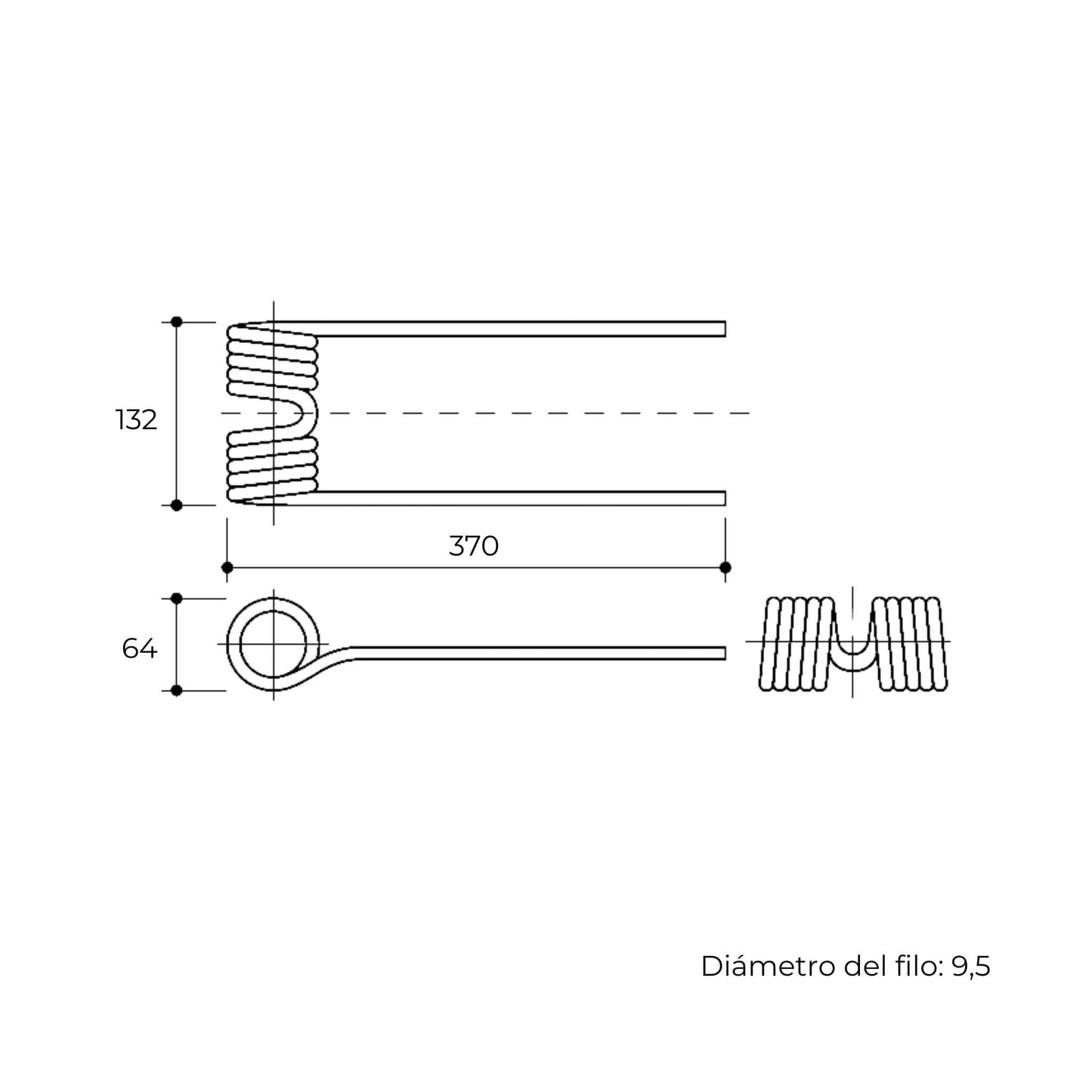 Púa elástica doble roja adaptable para henificador, henificadora o rastrillo henificador Claas Volto. Fabricada por La Spirale en Italia con acero de 9,5 mm, ref original 956815.1.