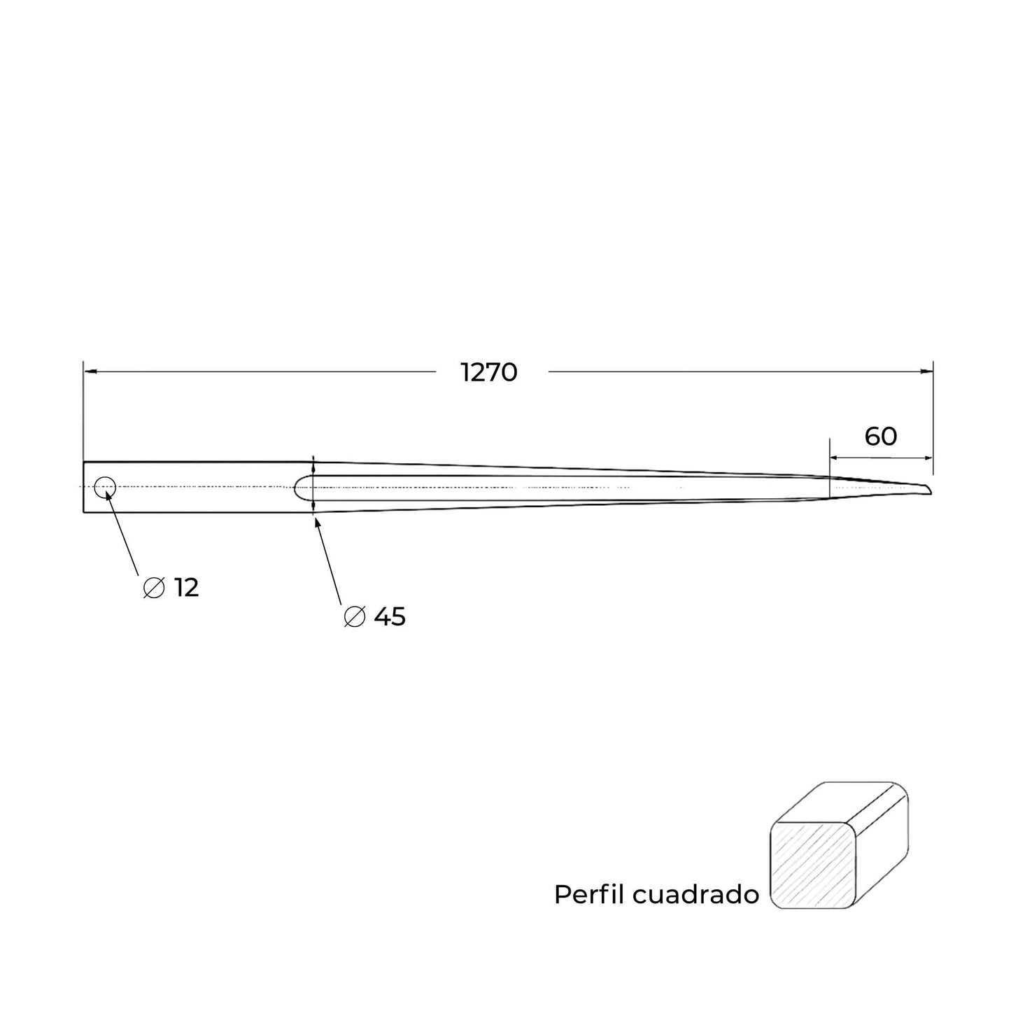Púa carga pacas reforzada (diente o pincho para fardos). Longitud 1.270 mm y diámetro 45 mm. Acero forjado.
