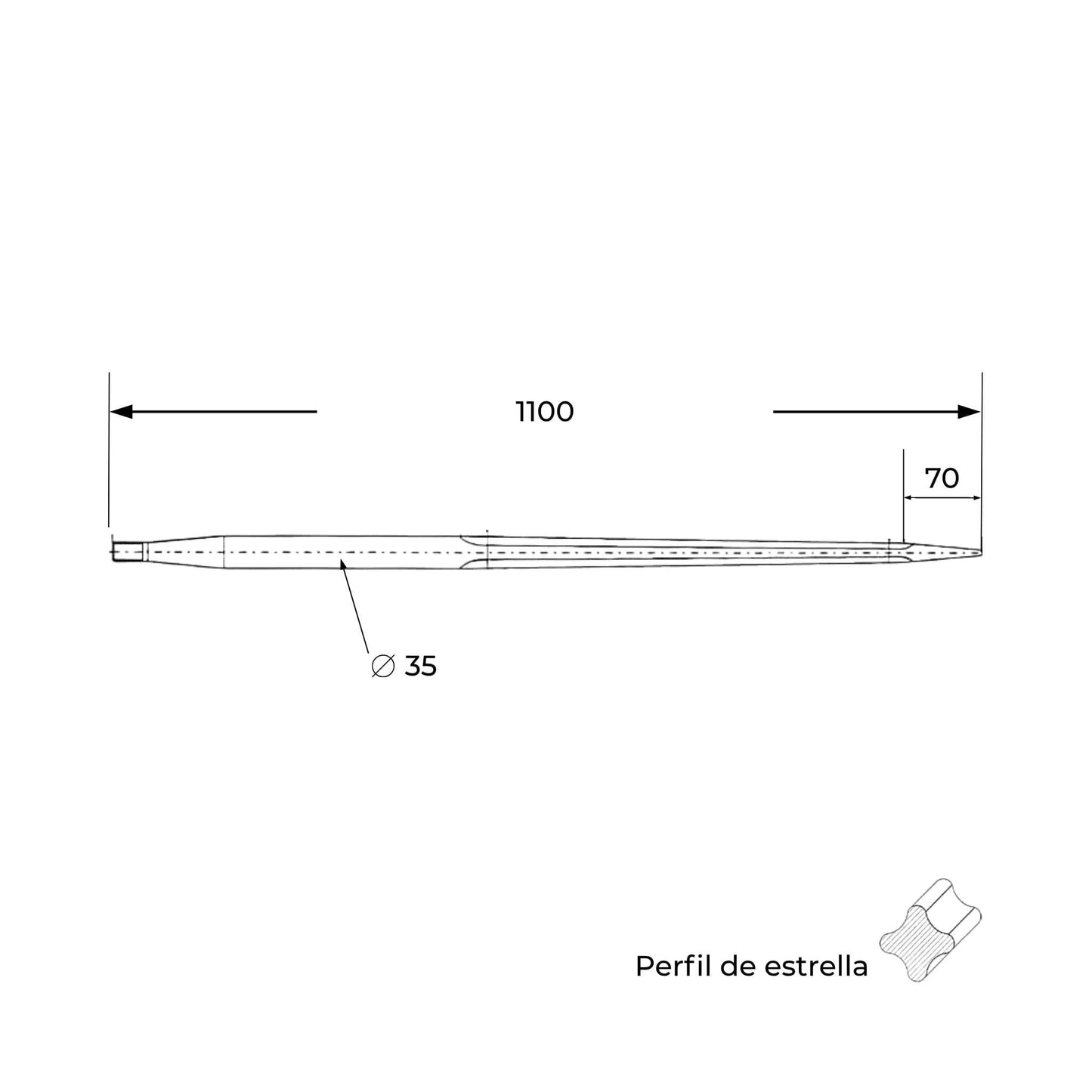 Púa carga pacas reforzada (diente o pincho para fardos). Longitud 1100 mm y diámetro 35 mm. Acero forjado.