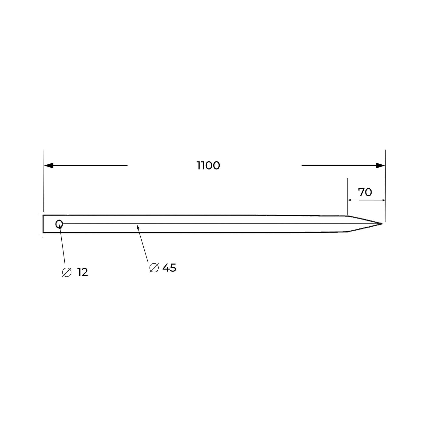 Púa carga pacas reforzada (diente o pincho para fardos). Longitud 1100 mm y diámetro 45 mm. Acero forjado.
