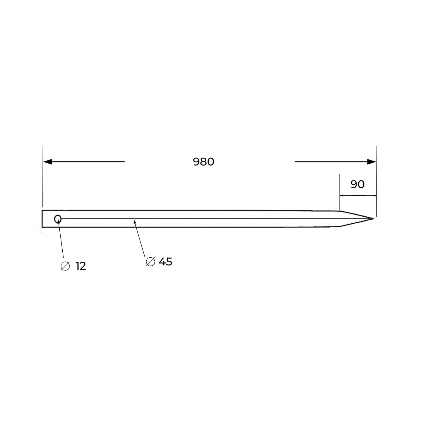 Púa carga pacas reforzada (diente o pincho para fardos). Longitud 980 mm y diámetro 45 mm. Acero forjado.