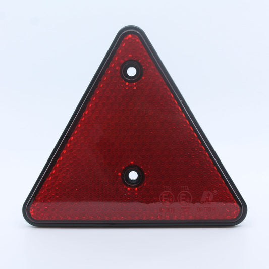 Reflector de seguridad de forma triangular y color rojo, con fijación de atornillar, obligatorio para remolques y maquinaria agrícola.