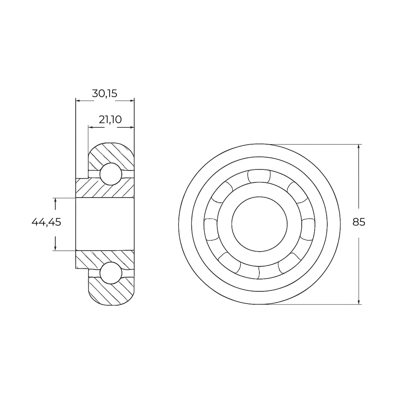 Conjunto de rodamiento agrícola de dos piezas para John Deere. Diámetro interior 44,45 mm, exterior 85 mm e incluye anillo de bloqueo.