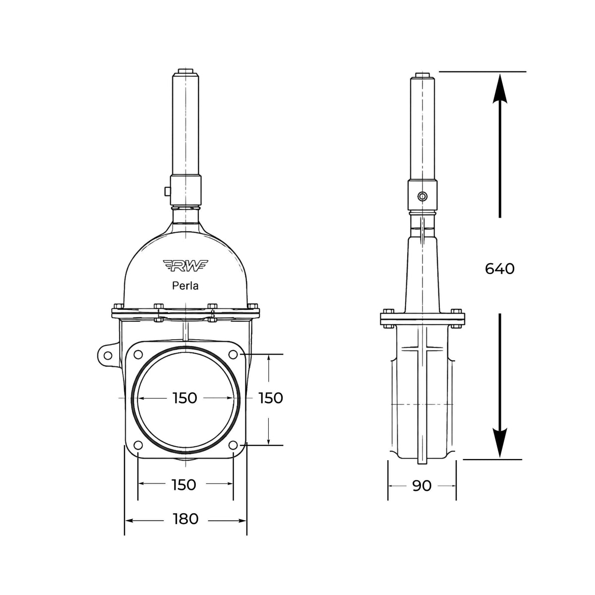 Tajadera o compuerta de válvula hidráulica de doble efecto Riv de 150 mm (6 pulgadas) de diámetro, macho, sin manillas y diseñada para su uso en cubas y cisternas de riego y purín.