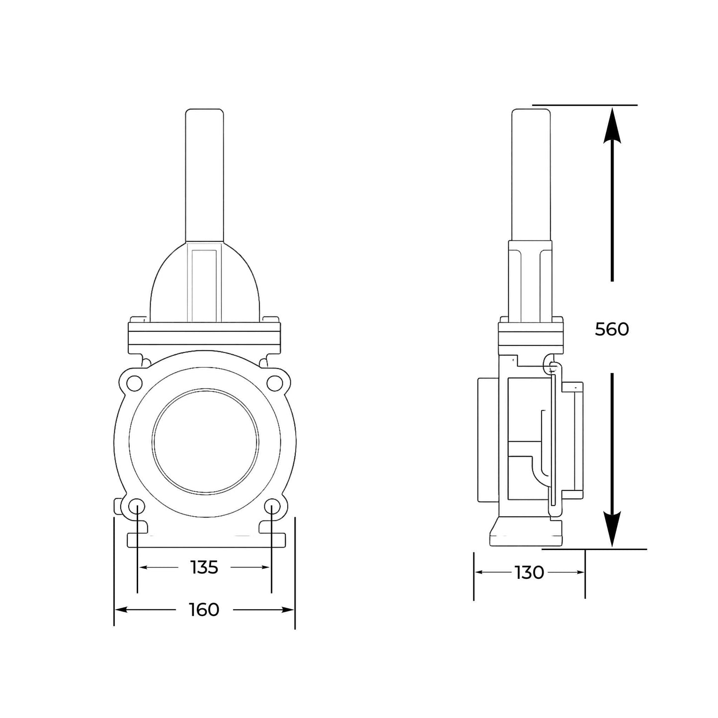 Tajadera o compuerta de válvula hidráulica Hertell Lau de 125 mm (5 pulgadas) de diámetro, macho, sin manillas y diseñada para su uso en cubas y cisternas de riego y purín.
