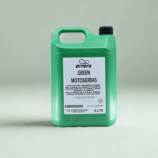 Aceite lubricante de alta adherencia Eners Green para espadas y cadenas de motosierra. Garrafa de 5 litros resistente a la oxidación y al goteo.