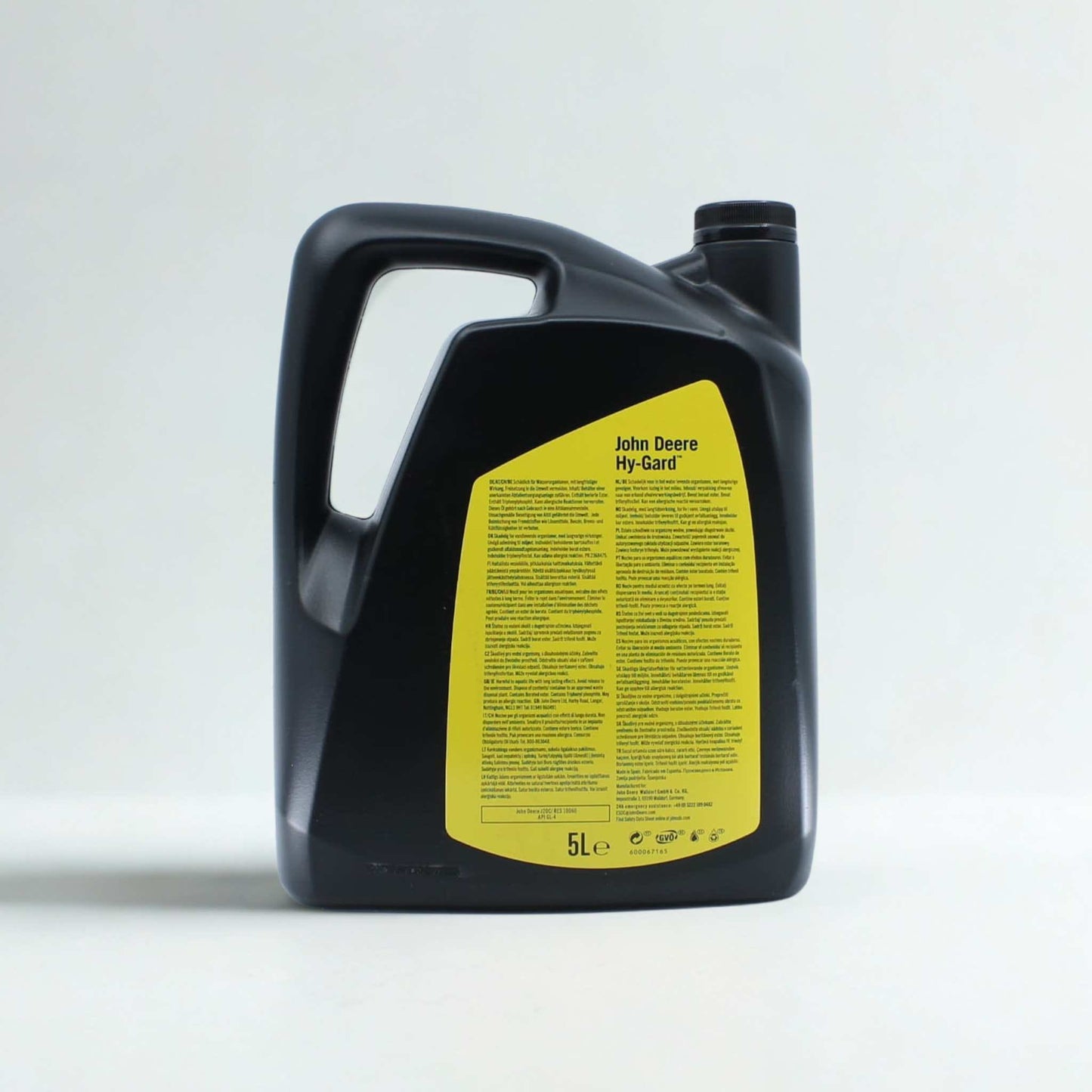 Aceite para transmisión y sistemas hidráulicos John Deere Hy-Gard en garrafa de 5 litros.  Lubricante de alta calidad para frenos bañados en aceite y protección de engranajes.