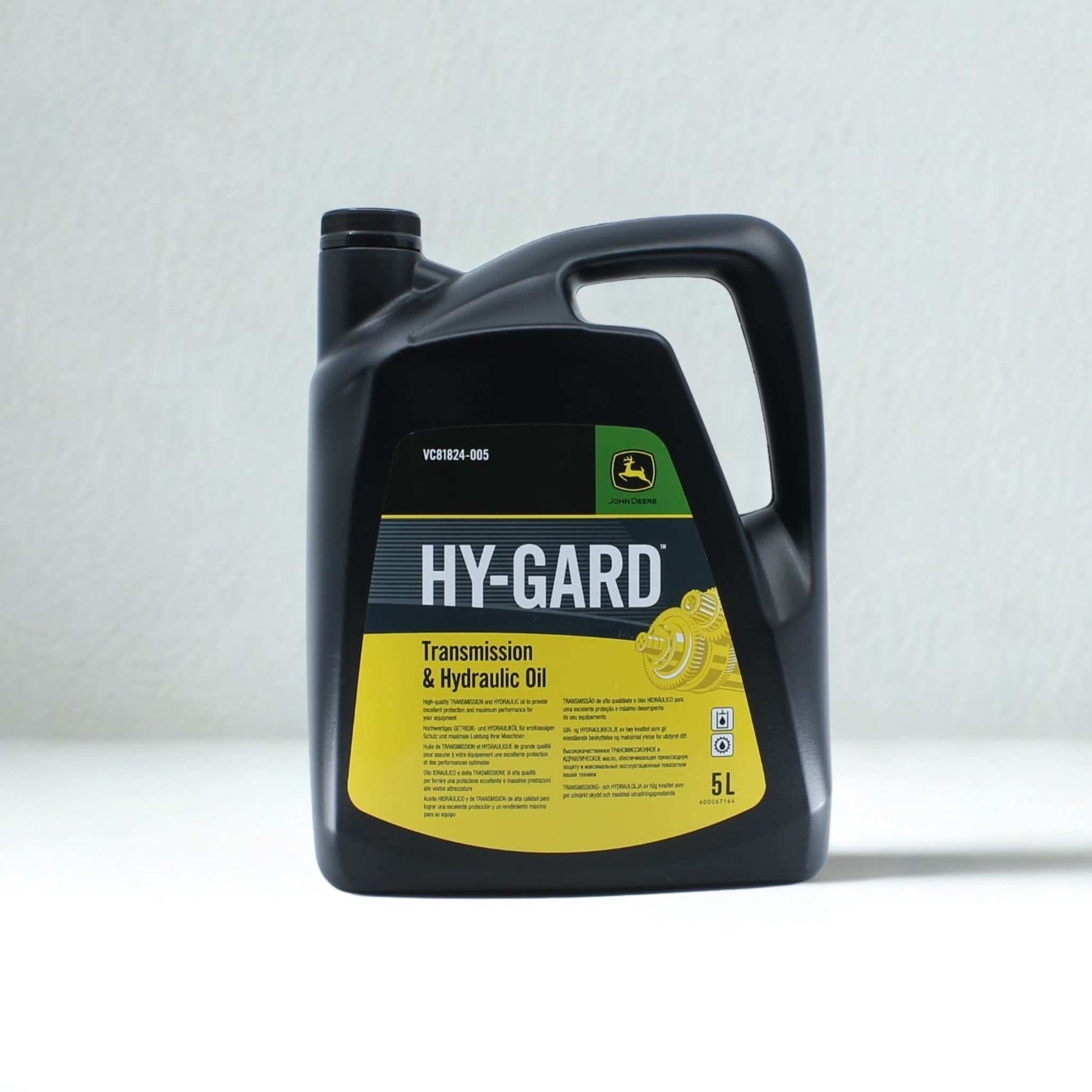 Aceite para transmisión y sistemas hidráulicos John Deere Hy-Gard en garrafa de 5 litros.  Lubricante de alta calidad para frenos bañados en aceite y protección de engranajes.