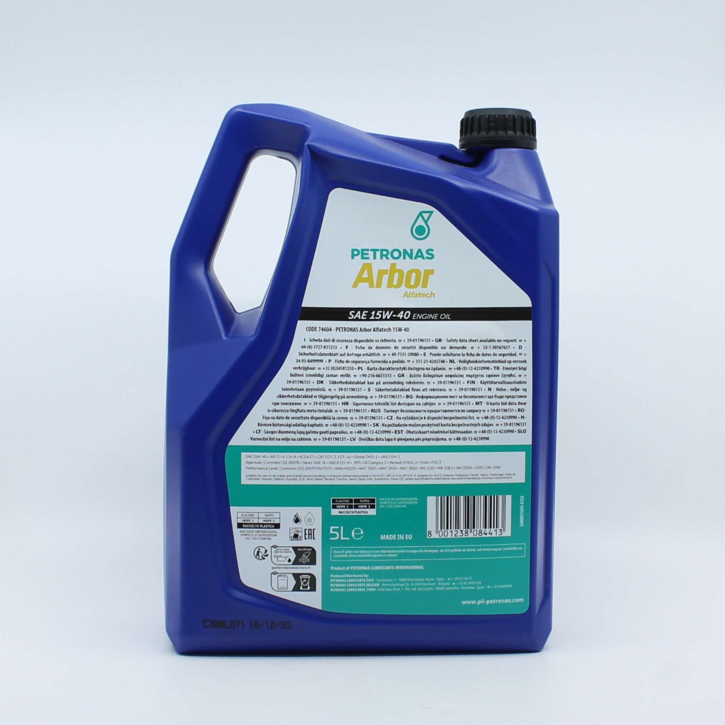 Aceite de motor Petronas Arbor Alfatech SAE 15W-40 en garrafa de 5L. Lubricante de alto rendimiento para motores diésel agrícolas con normas ACEA E7 y API CI-4.
