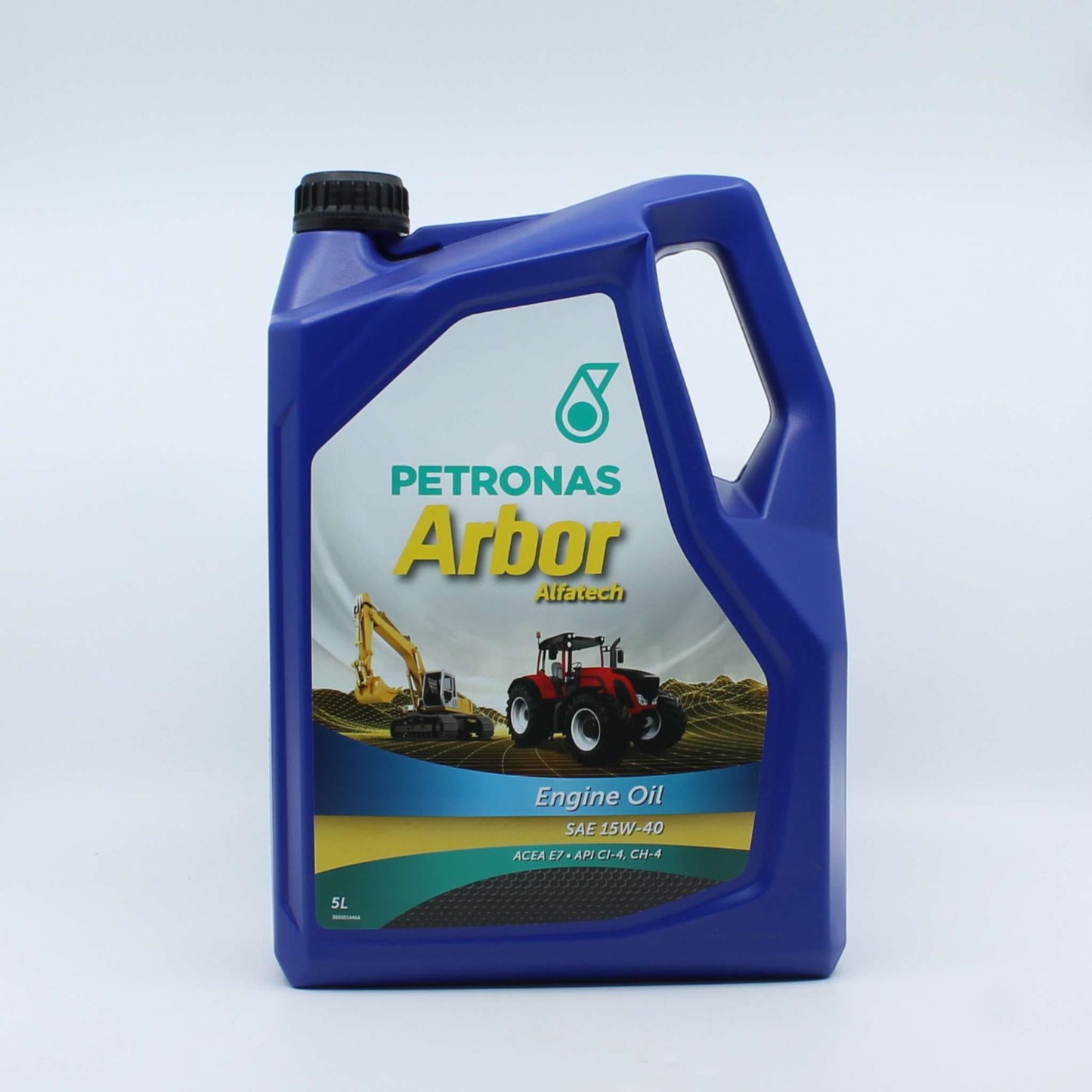 Aceite de motor Petronas Arbor Alfatech SAE 15W-40 en garrafa de 5L. Lubricante de alto rendimiento para motores diésel agrícolas con normas ACEA E7 y API CI-4.
