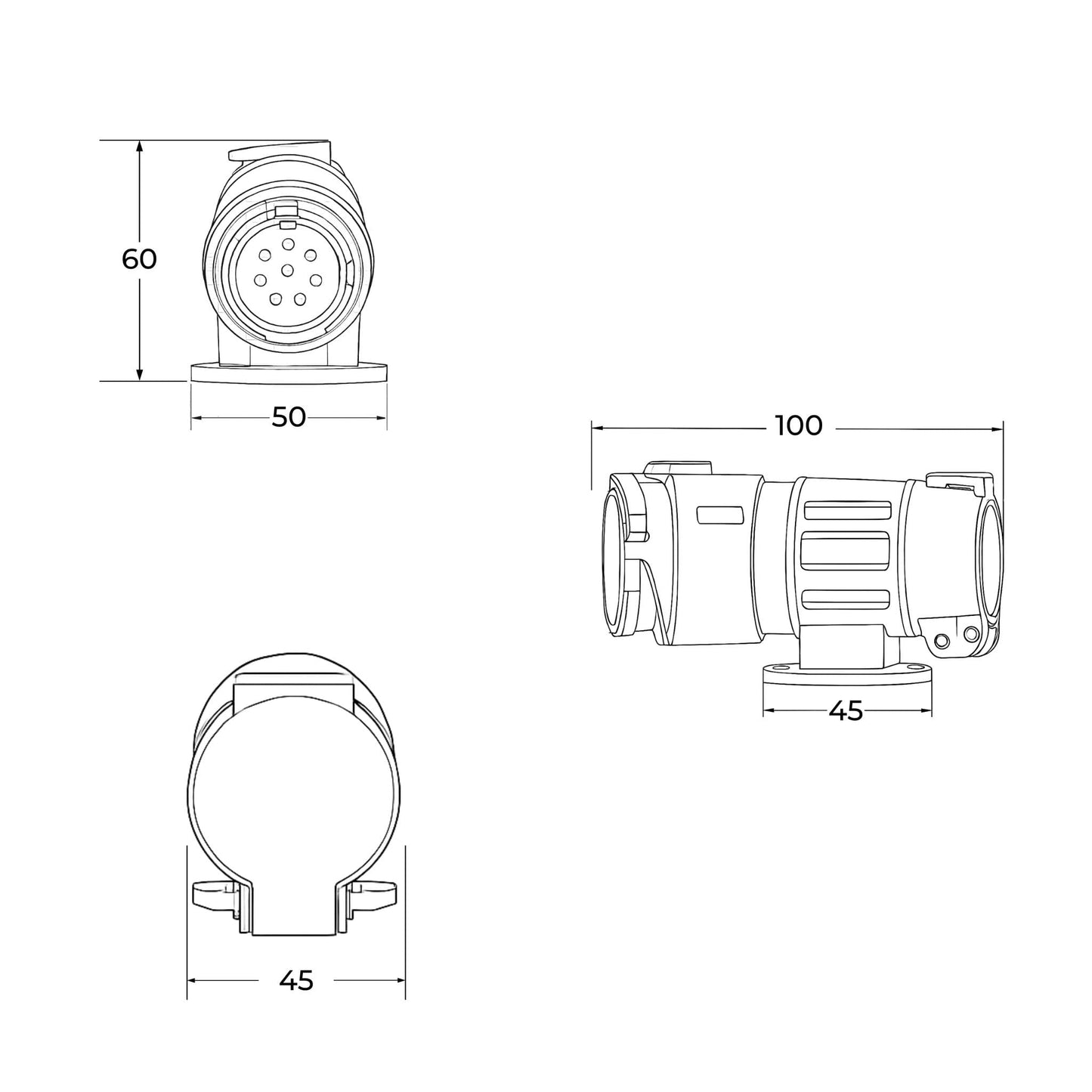 Adaptador conversor de conexión eléctrica para remolque, de 13 pines macho a 7 pines hembra, fabricado en plástico resistente. Compatible con turismos, vehículos agrícolas, tractores, camiones y furgonetas.