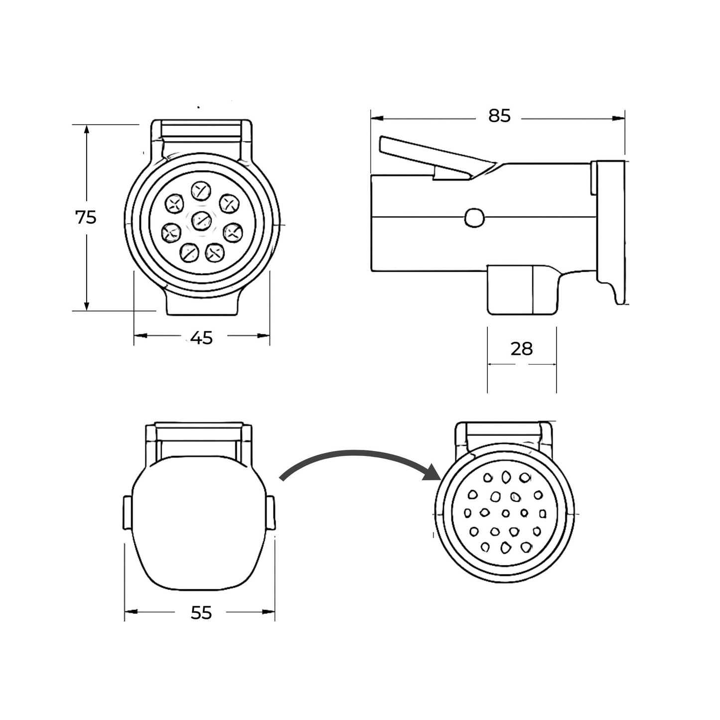 Adaptador conversor de conexión eléctrica para remolque, de 7 pines macho a 13 pines hembra, fabricado en plástico resistente. Compatible con turismos, vehículos agrícolas, tractores, camiones y furgonetas.