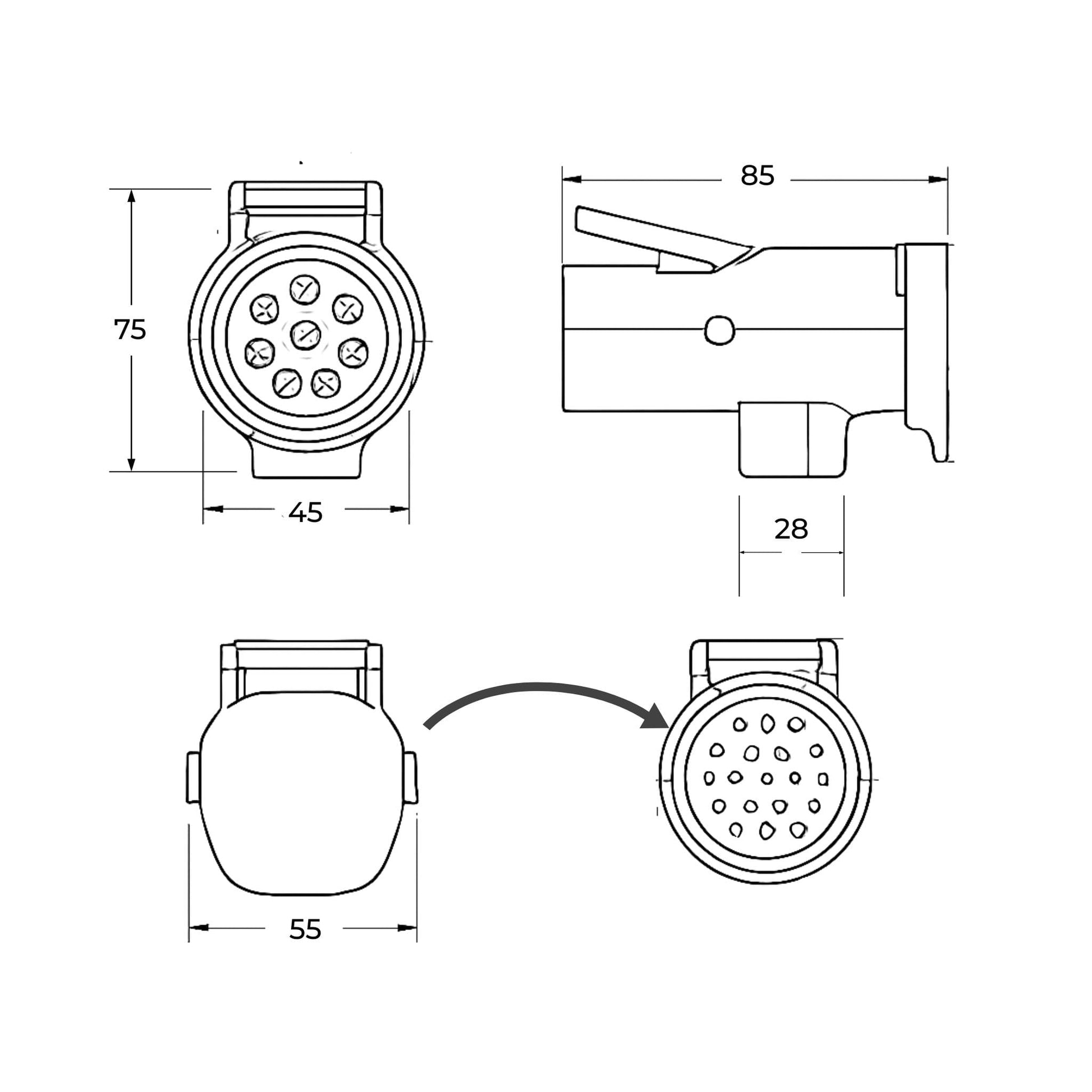 Adaptador conversor de conexión eléctrica para remolque, de 7 pines macho a 13 pines hembra, fabricado en plástico resistente. Compatible con turismos, vehículos agrícolas, tractores, camiones y furgonetas.
