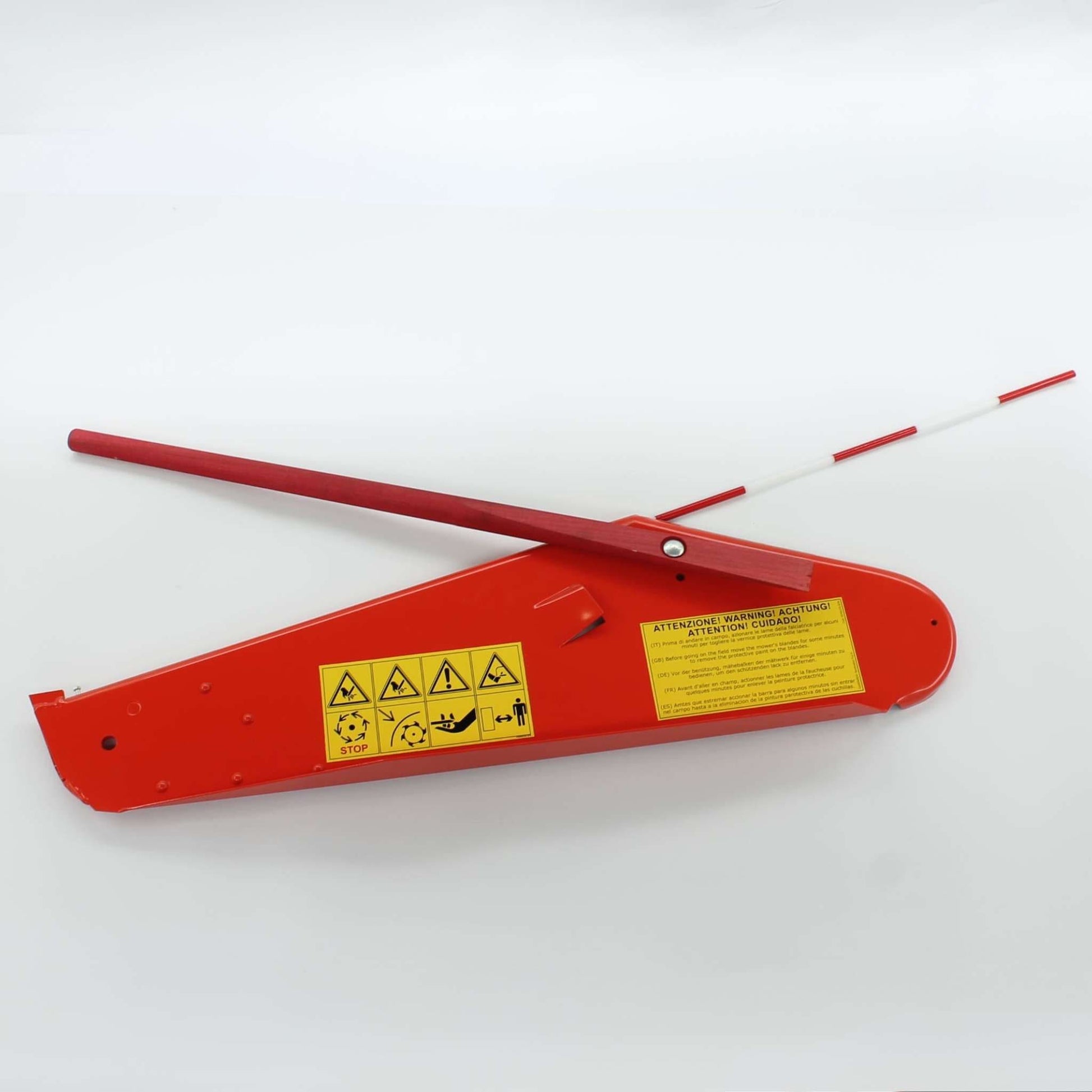 Aleta completa original Gaspardo ref. 21120134 en posición 39. Deflector de forraje rojo con logotipo, varilla indicadora y tornillo con soporte amortiguado.

