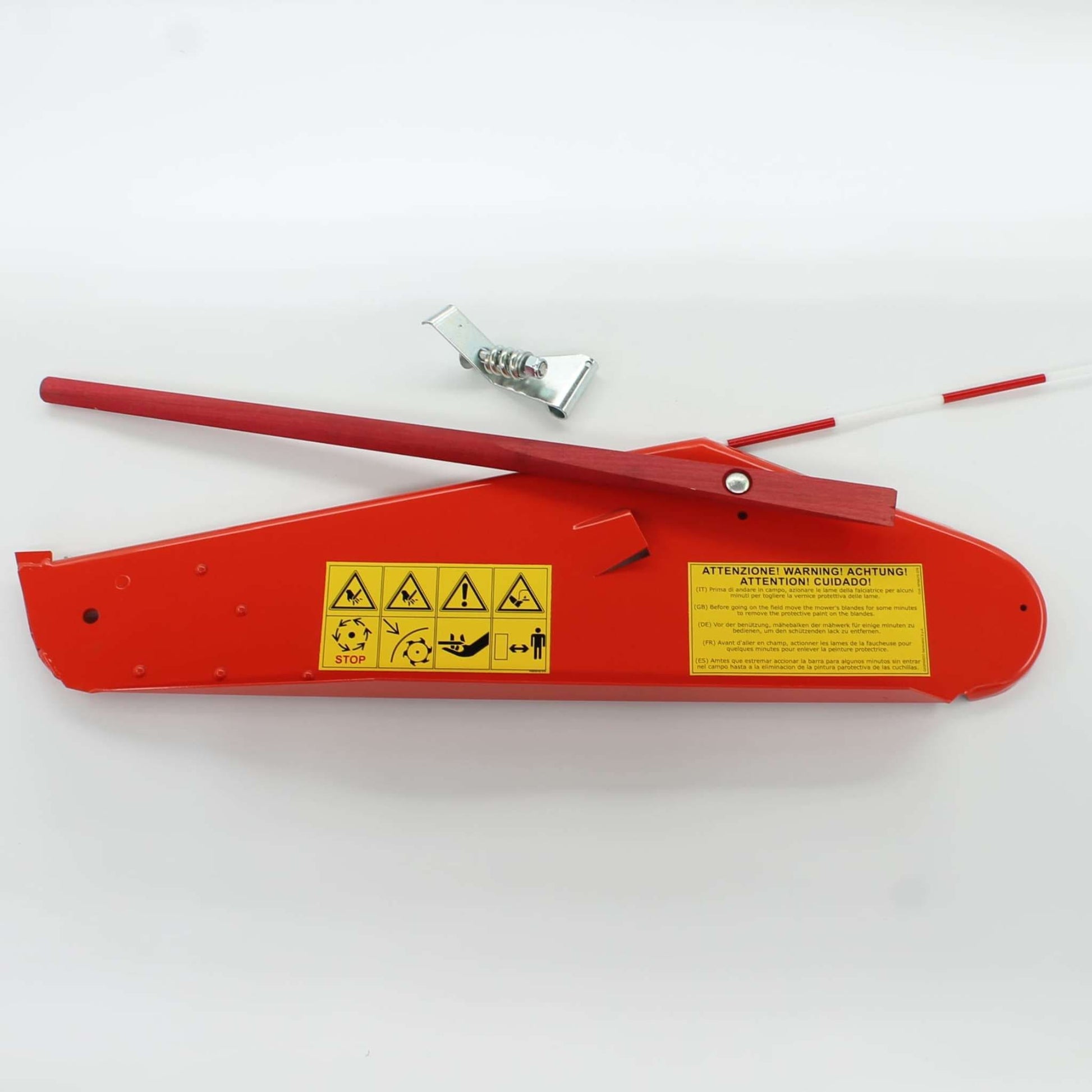 Aleta completa original Gaspardo ref. 21120134 en posición 39. Deflector de forraje rojo con logotipo, varilla indicadora y tornillo con soporte amortiguado.
