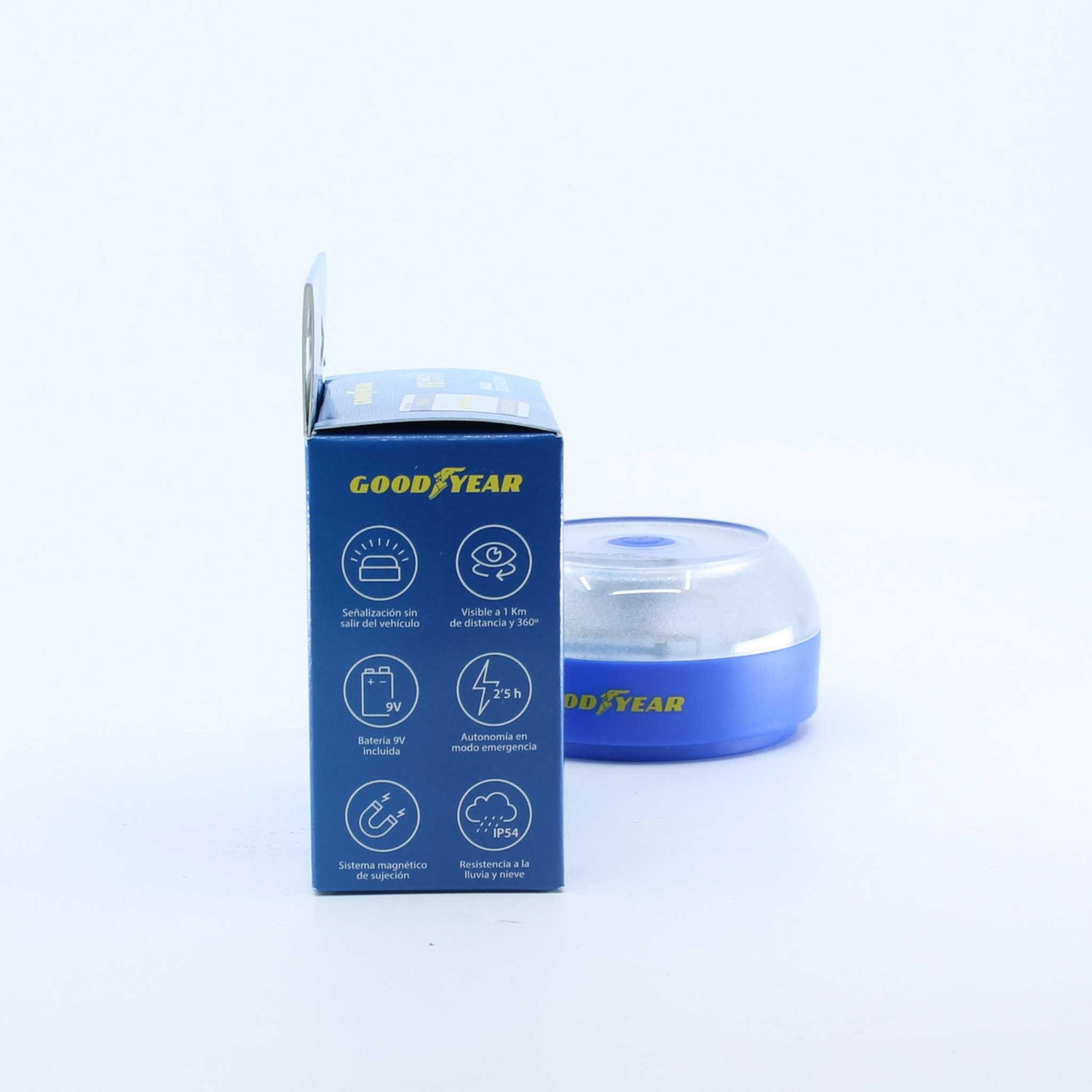 Luz de emergencia V16 Goodyear GY2 homologada. Conectada con DGT 3.0, incluye eSIM con datos, visibilidad 360° y geolocalización integrada.