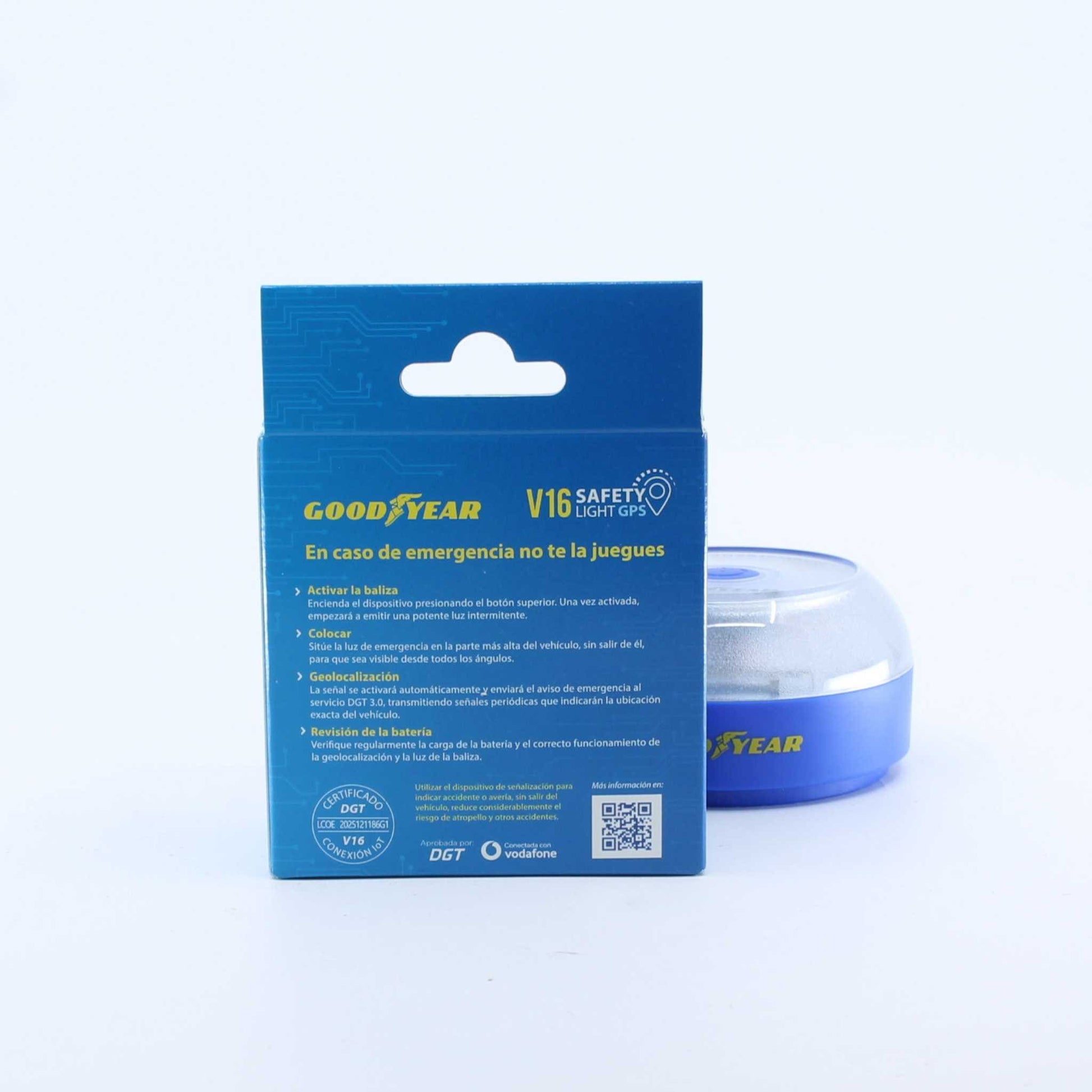 Luz de emergencia V16 Goodyear GY2 homologada. Conectada con DGT 3.0, incluye eSIM con datos, visibilidad 360° y geolocalización integrada.