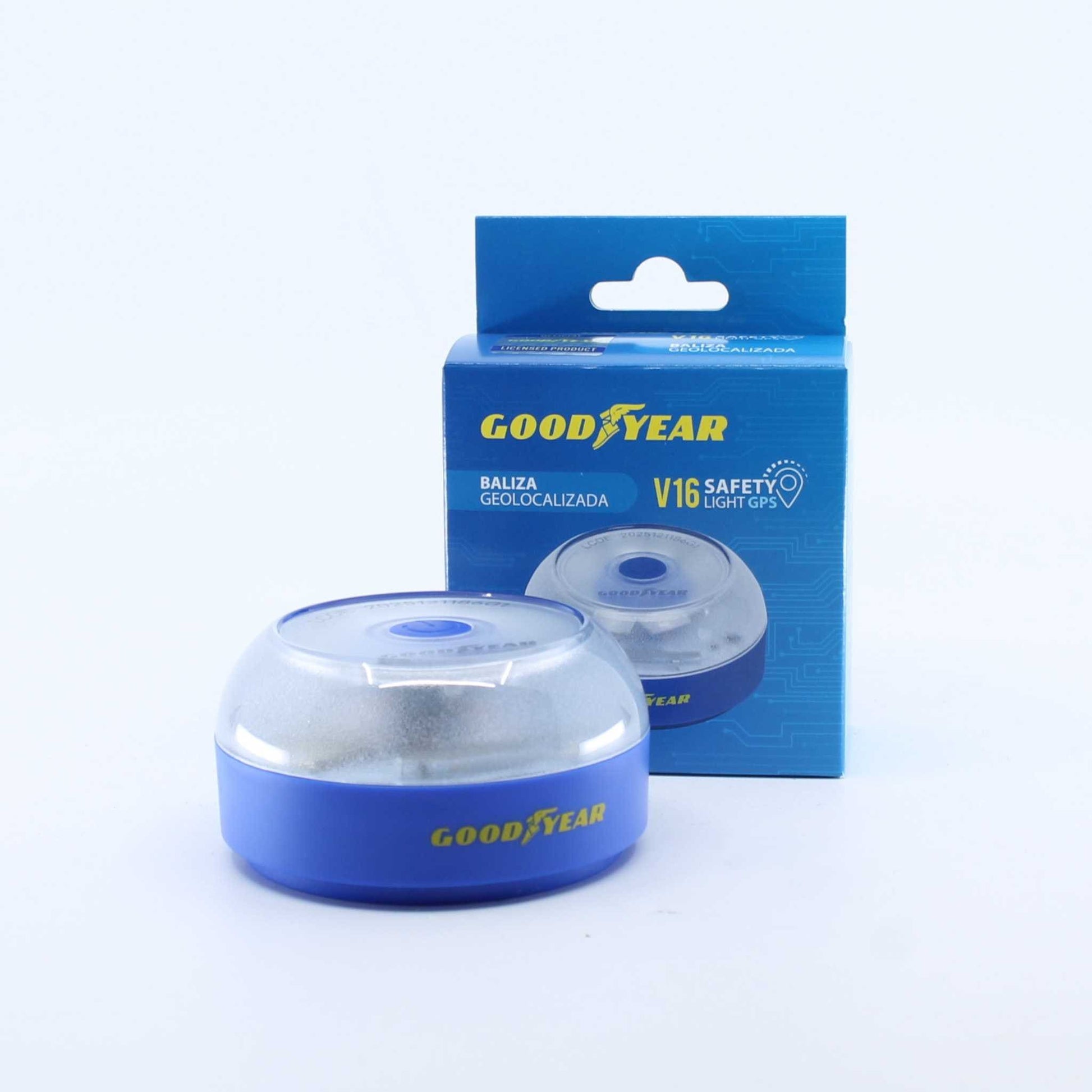 Luz de emergencia V16 Goodyear GY2 homologada. Conectada con DGT 3.0, incluye eSIM con datos, visibilidad 360° y geolocalización integrada.