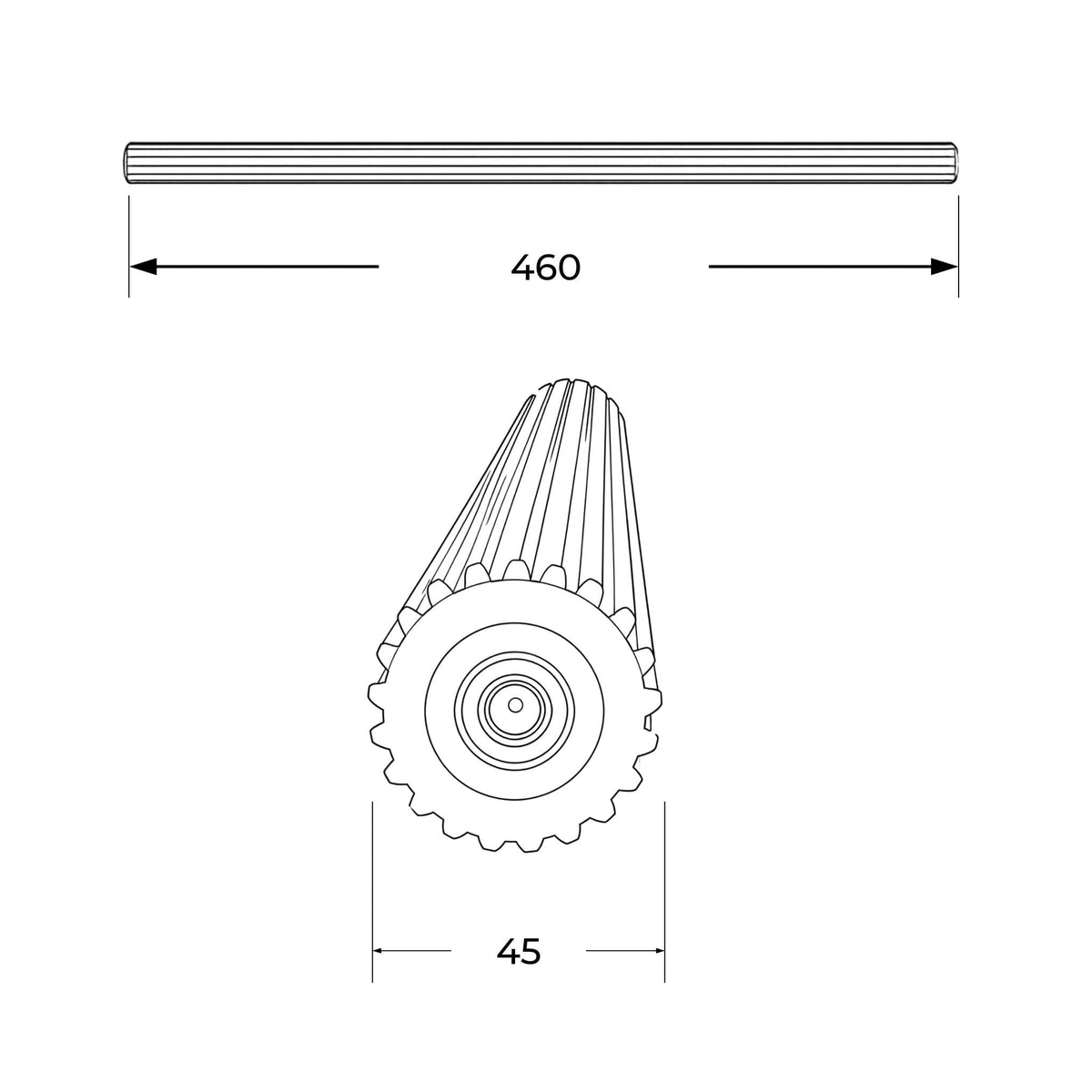Barra maciza estriada cuna de 46 cm para toma de fuerza de tractor, diámetro 45 mm con 16 estrías (Z16).