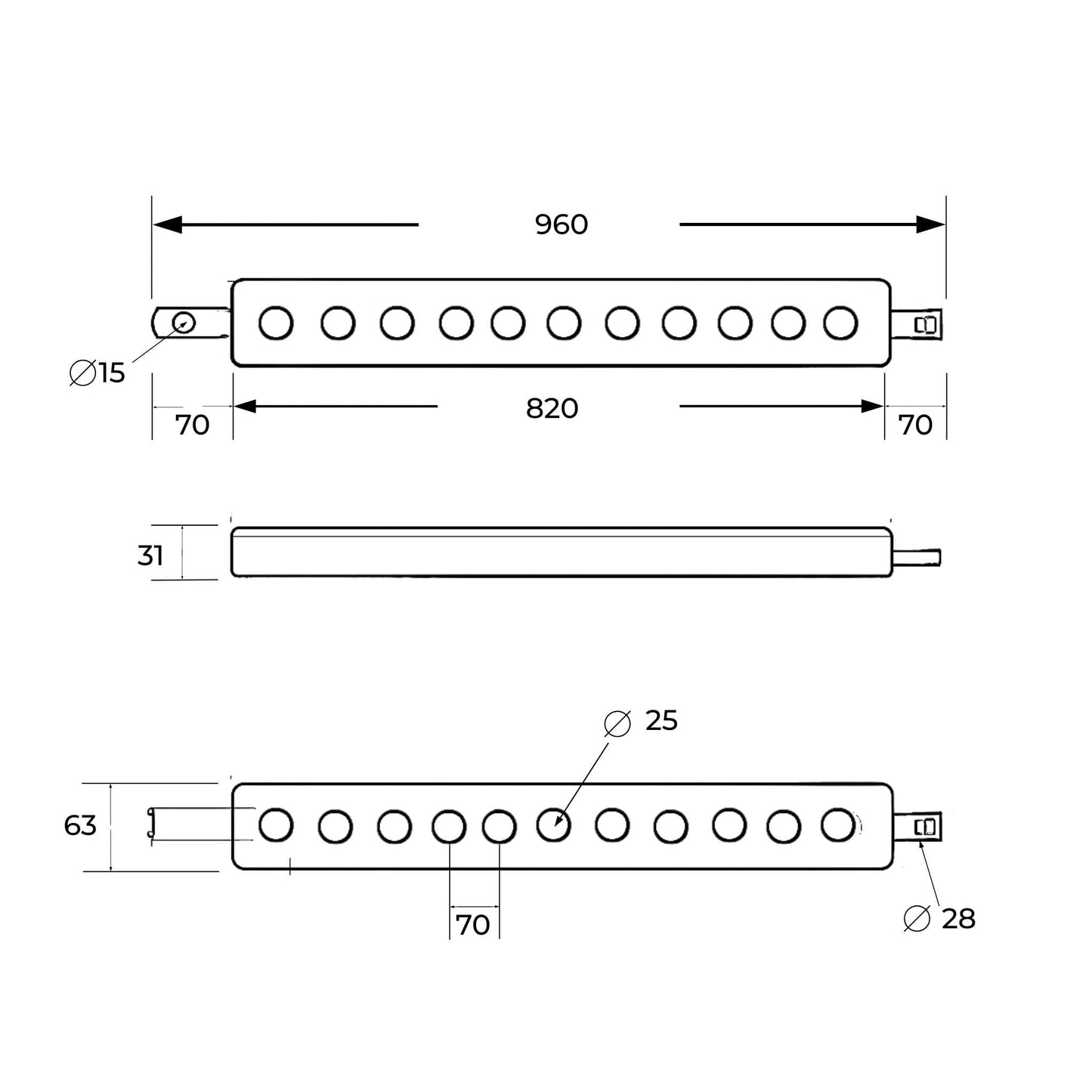 Barra portaaperos reforzada Categoría 3 de 960 mm con 11 agujeros. Ideal para tractores de alta potencia.