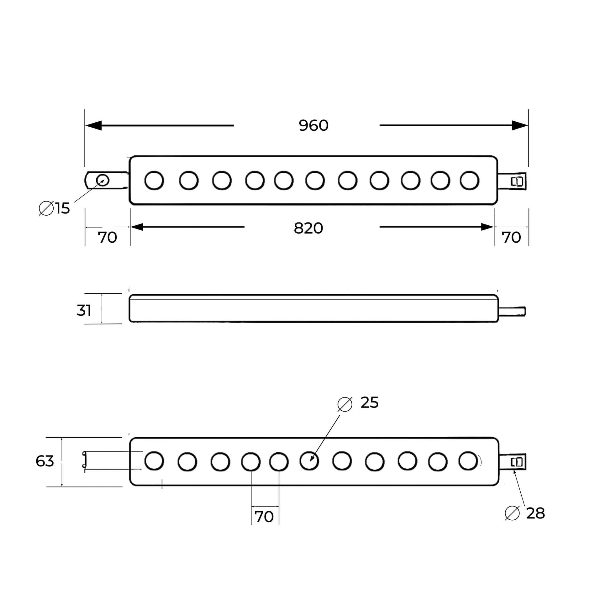 Barra portaaperos reforzada Categoría 3 de 960 mm con 11 agujeros. Ideal para tractores de alta potencia.