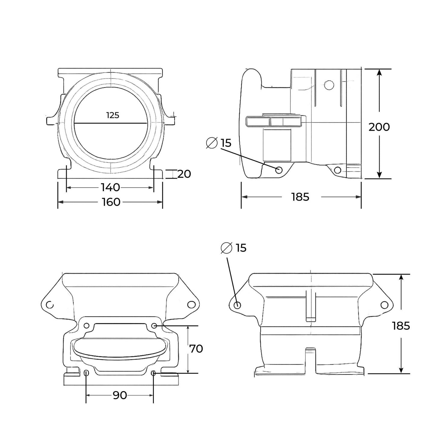 Base o cuerpo inferior Hertell Buru (modelo hembra) para tajadera de cisterna, apta para tubos de 125 mm (5 pulgadas).