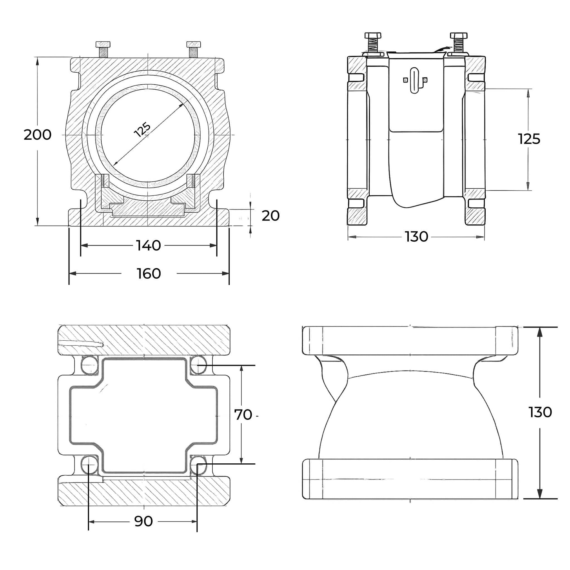 Base o cuerpo inferior Hertell Lau (modelo macho) para tajadera de cisterna, apta para tubos de 125 mm (5 pulgadas).