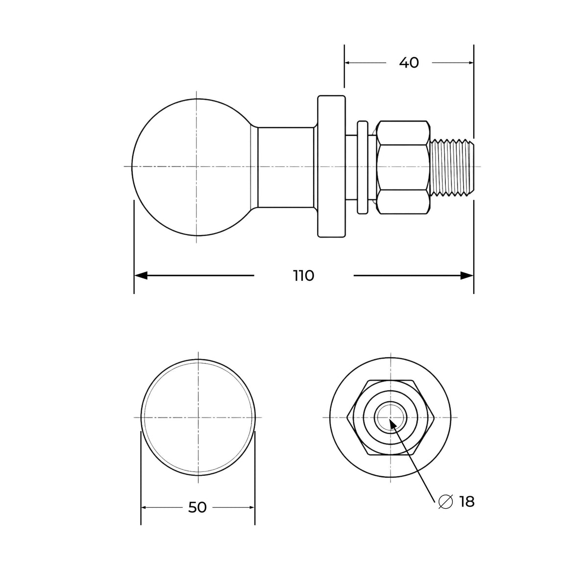 Bola de enganche corta con rosca y tuerca para remolque ligero, quad, cortacéspedes, minitractores y aperos de pequeña escala. Capacidad 500 kg y diámetro 50 mm.
