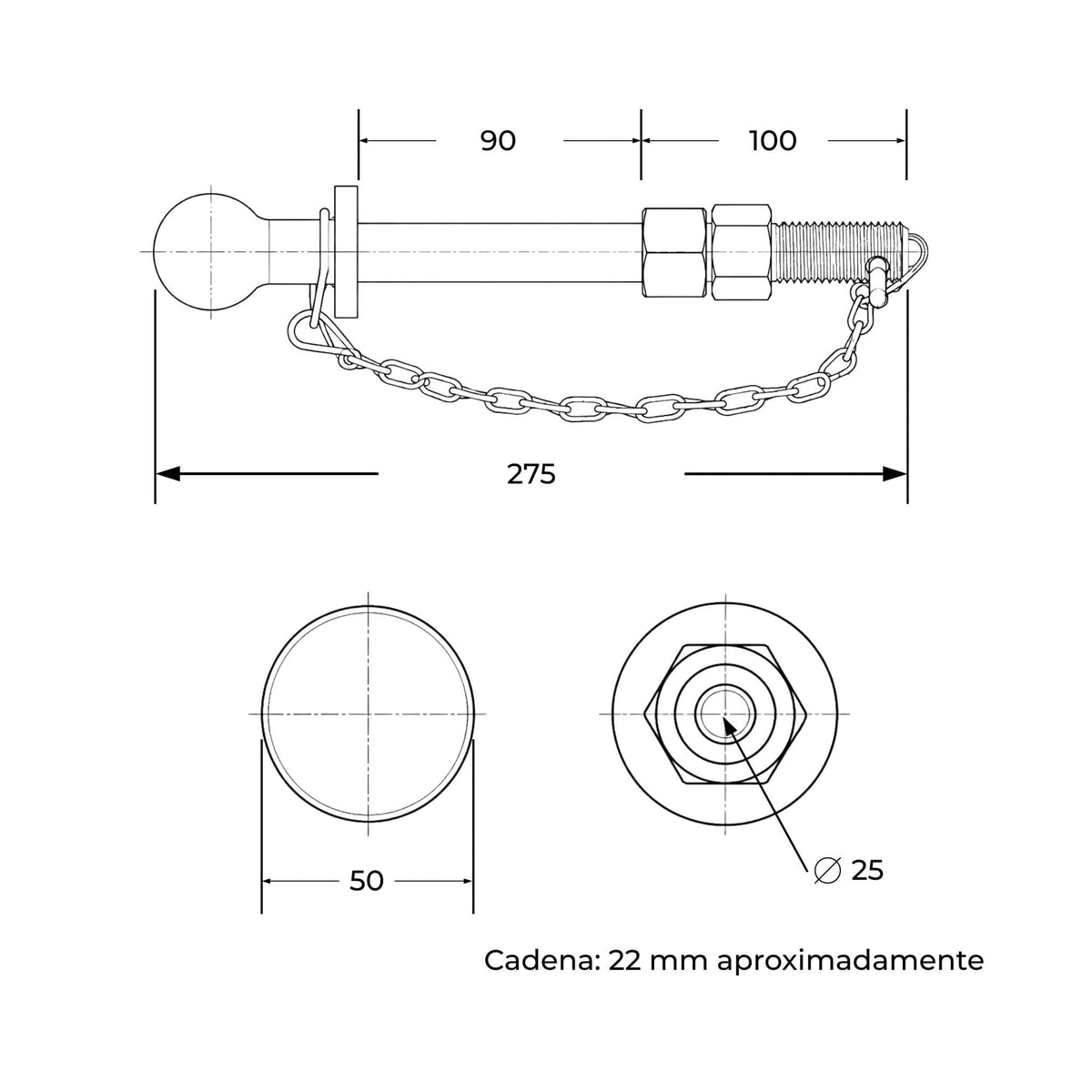 Bola de enganche larga con pasador y cadena de seguridad para remolque agrícola. Diámetro de bola 50 mm.