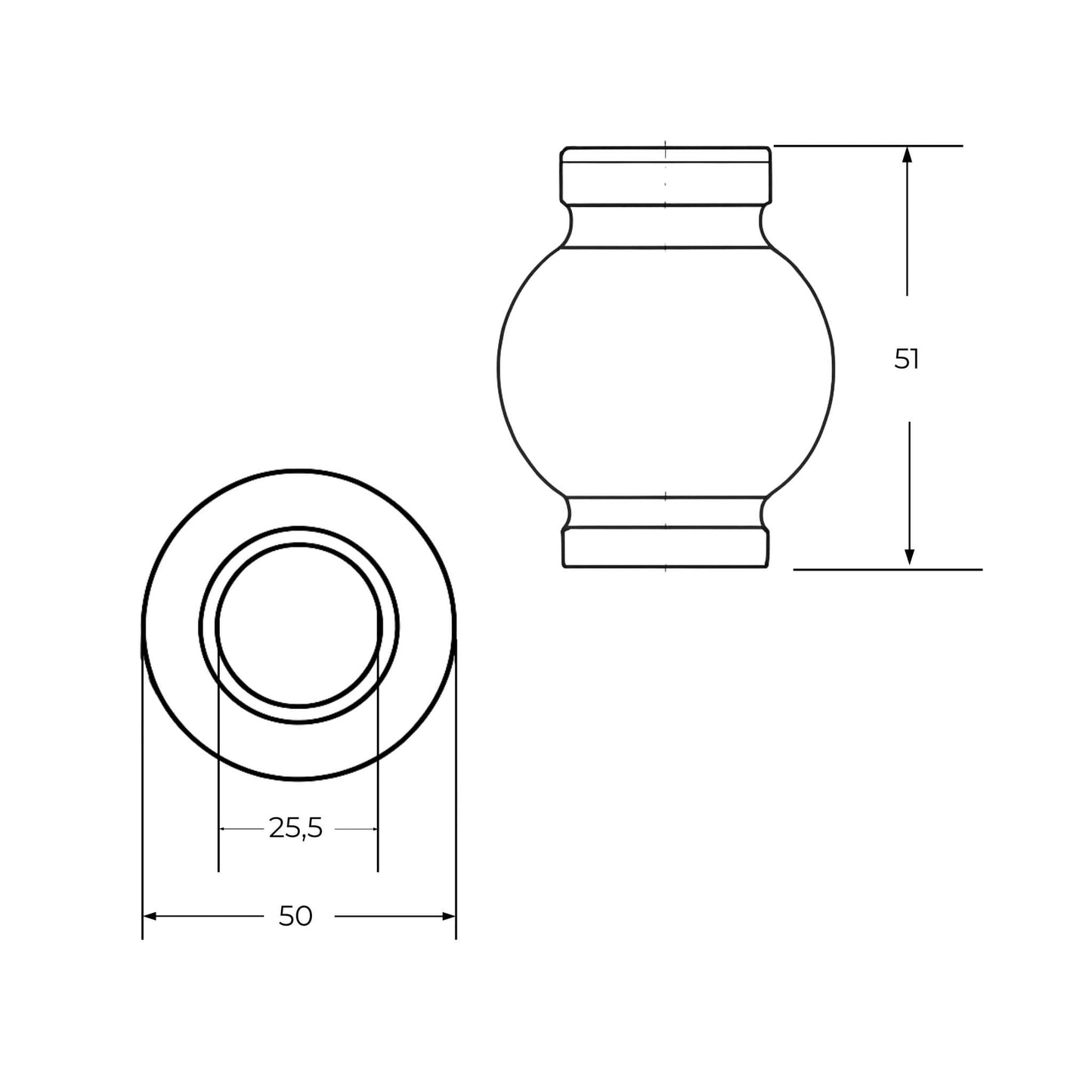 Bola enganche rápido tercer punto Categoría 1. Diámetro interior 25,5 mm, exterior 50 mm y altura 51 mm.