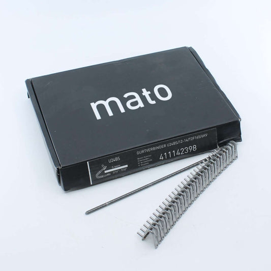 Caja de grapas Mato U24BS de 154 mm y referencia 411142398 para la unión de correas de rotoempacadora de 178 mm. Incluye 6 varillas.