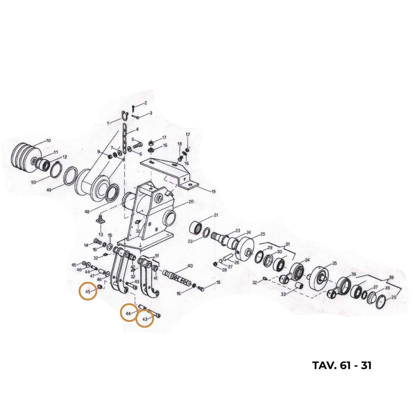 Kit de casquillo de expansión ranurado con tornillo de cabeza cónica y tuerca original Gaspardo para fijación de barra de corte en posiciones 43, 44 y 45. Referencia 21120156.