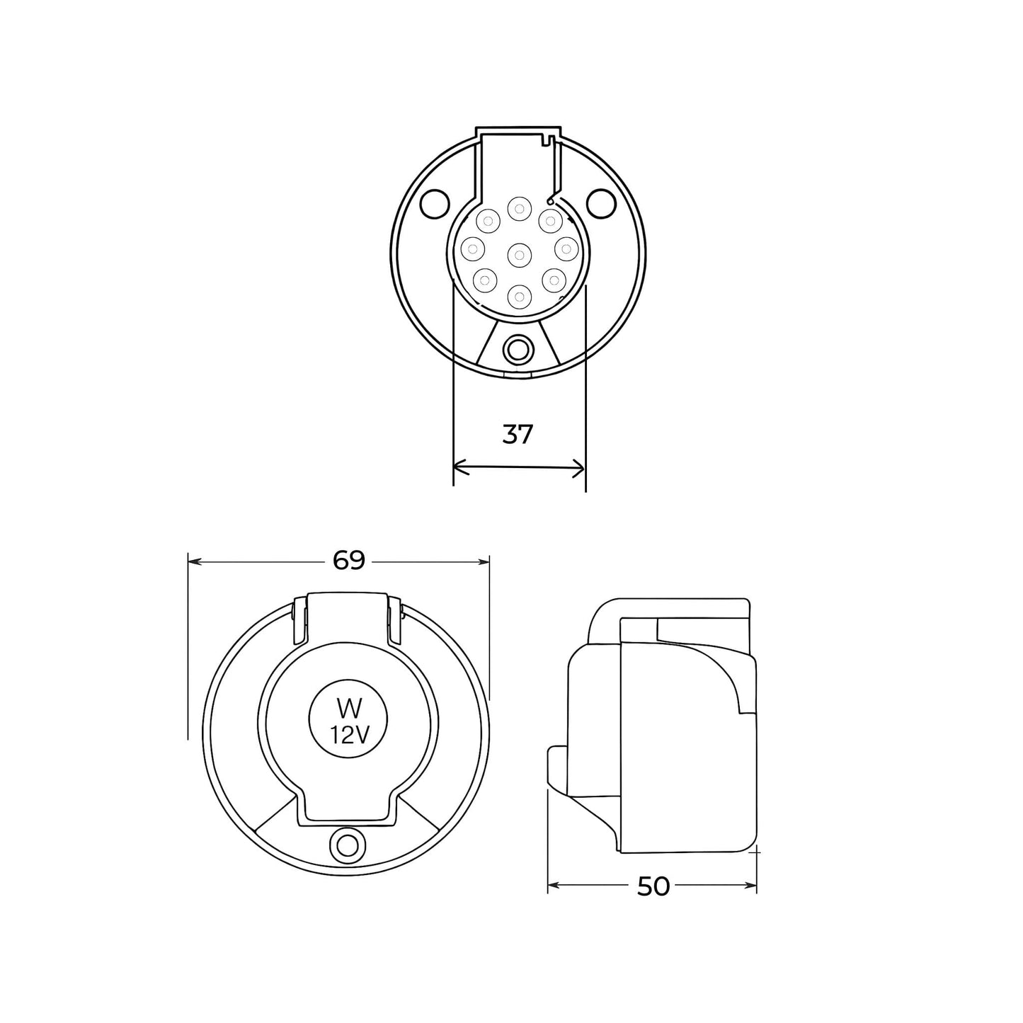 Conector eléctrico hembra (base) de 7 pines, fabricado con carcasa metálica para mayor durabilidad, ideal para remolques y maquinaria agrícola.