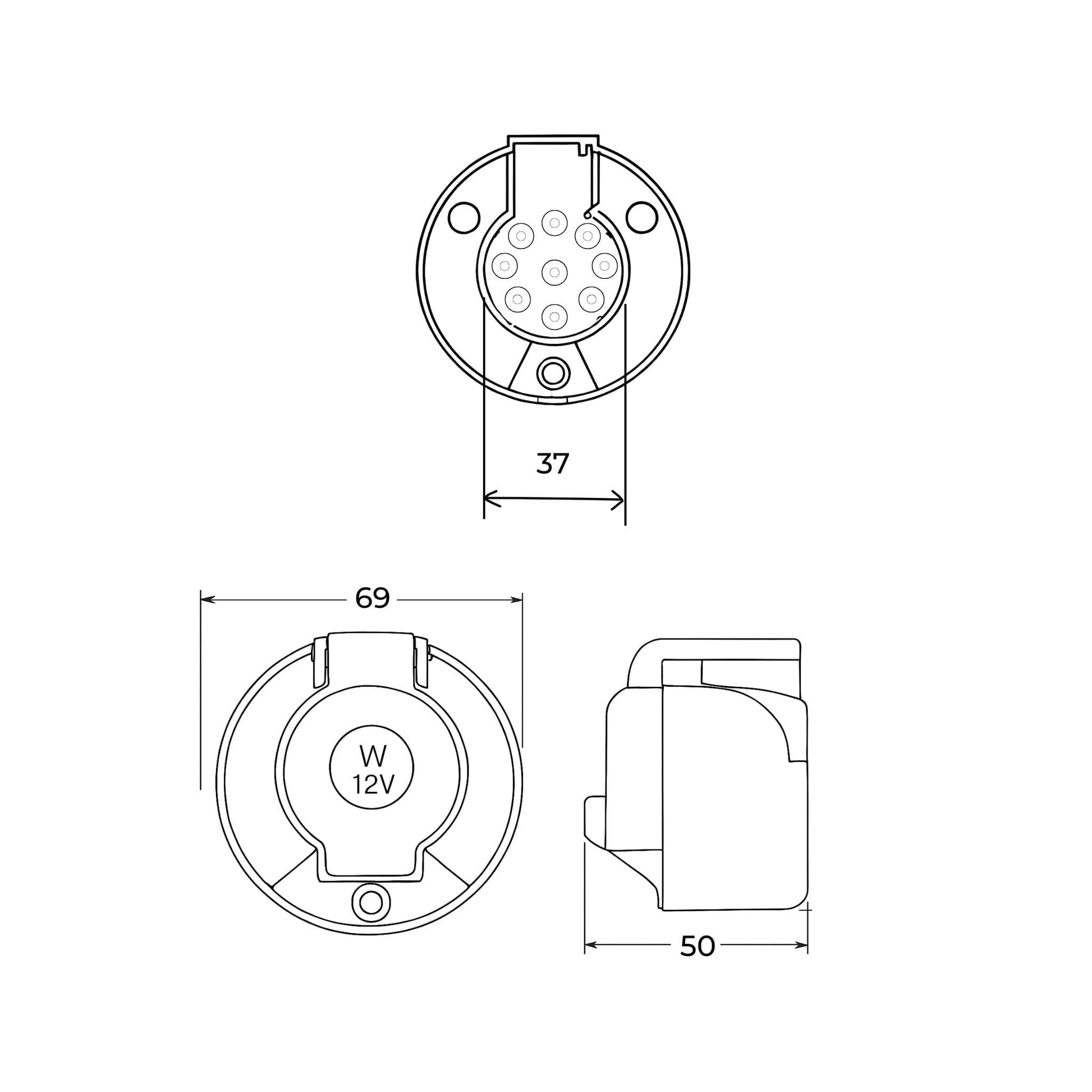 Conector eléctrico hembra (base) de 7 pines, fabricado con carcasa metálica para mayor durabilidad, ideal para remolques y maquinaria agrícola.