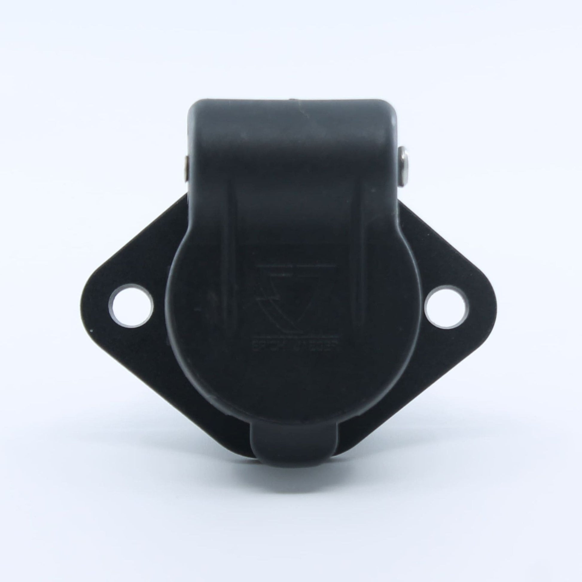 Conector eléctrico hembra (base) de 3 pines, fabricado en plástico, para la conexión de remolques y maquinaria agrícola.