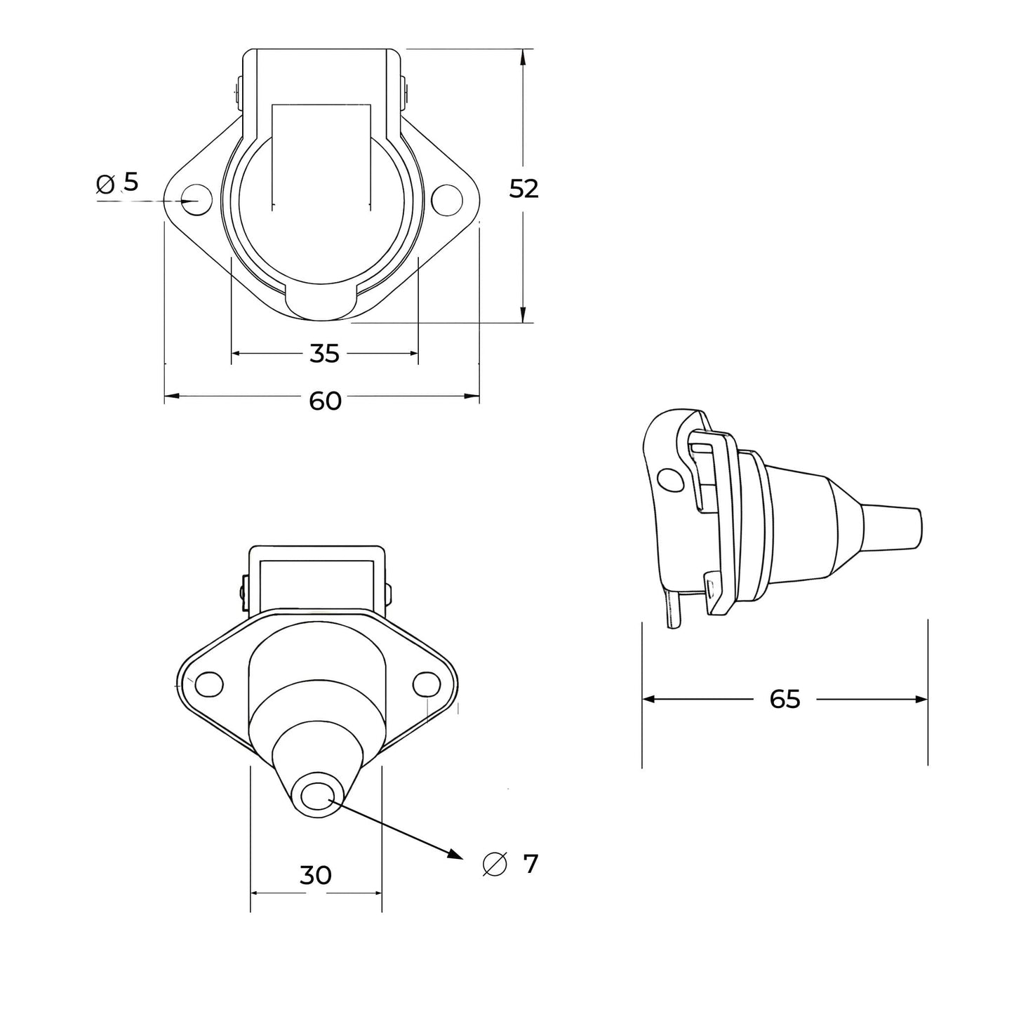 Conector eléctrico hembra (base) de 3 pines, fabricado en plástico, para la conexión de remolques y maquinaria agrícola.